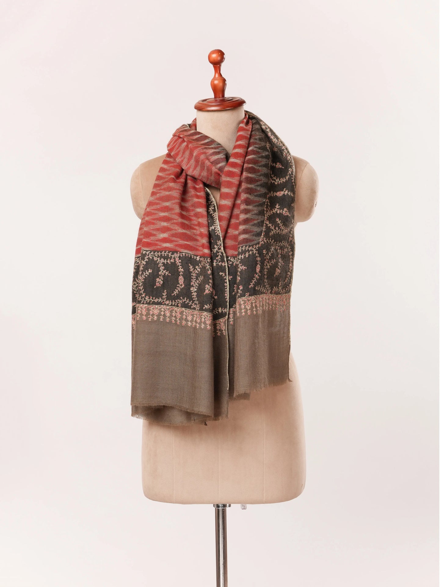 Handwoven Kashmiri Scarf with Ikat and Hand Sozni Work Shahkaar.com