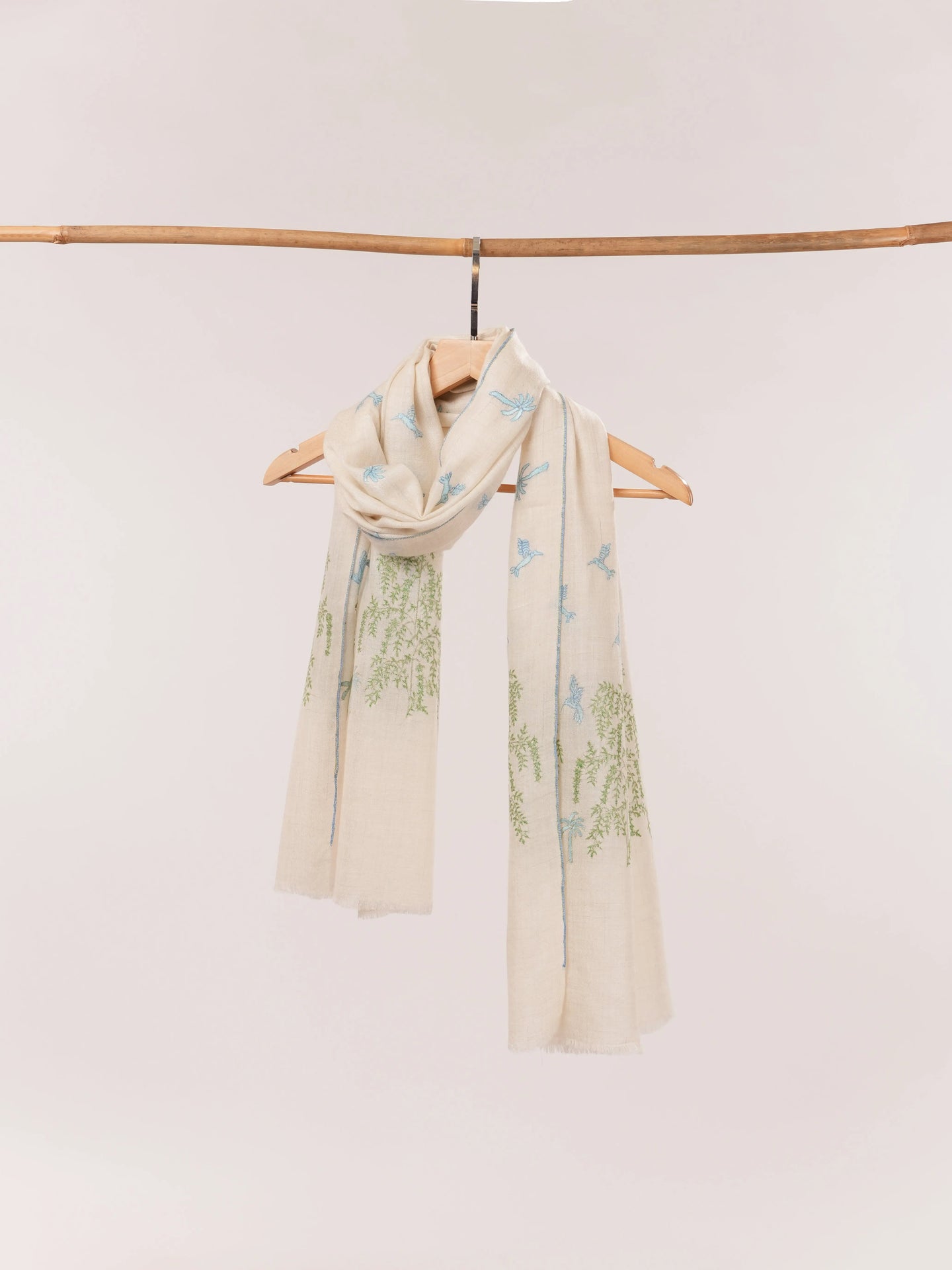 Handwoven Off White Cashmere Scarf with Minimalist Hand Embroidery Shahkaar.com