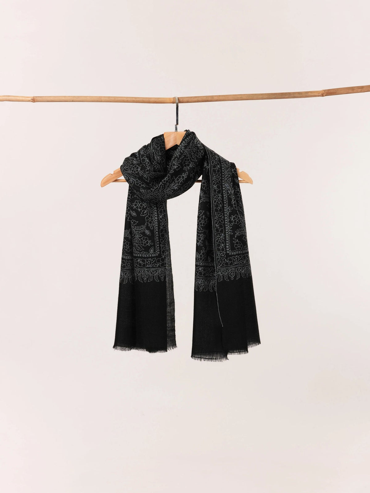 Kashmiri Black Scarf in Cashmere with Jali Sozni Embroidery Shahkaar.com
