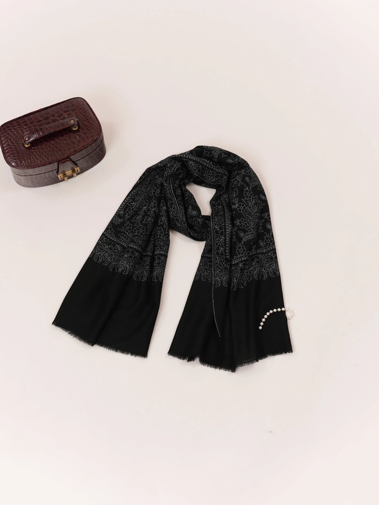 Kashmiri Black Scarf in Cashmere with Jali Sozni Embroidery Shahkaar.com