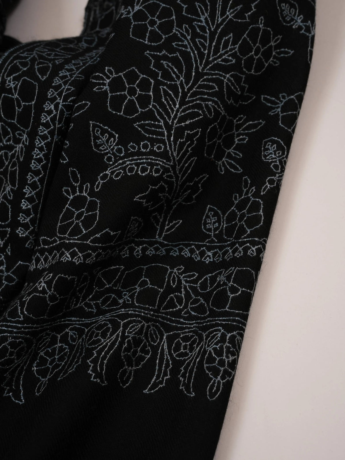 Kashmiri Black Scarf in Cashmere with Jali Sozni Embroidery Shahkaar.com