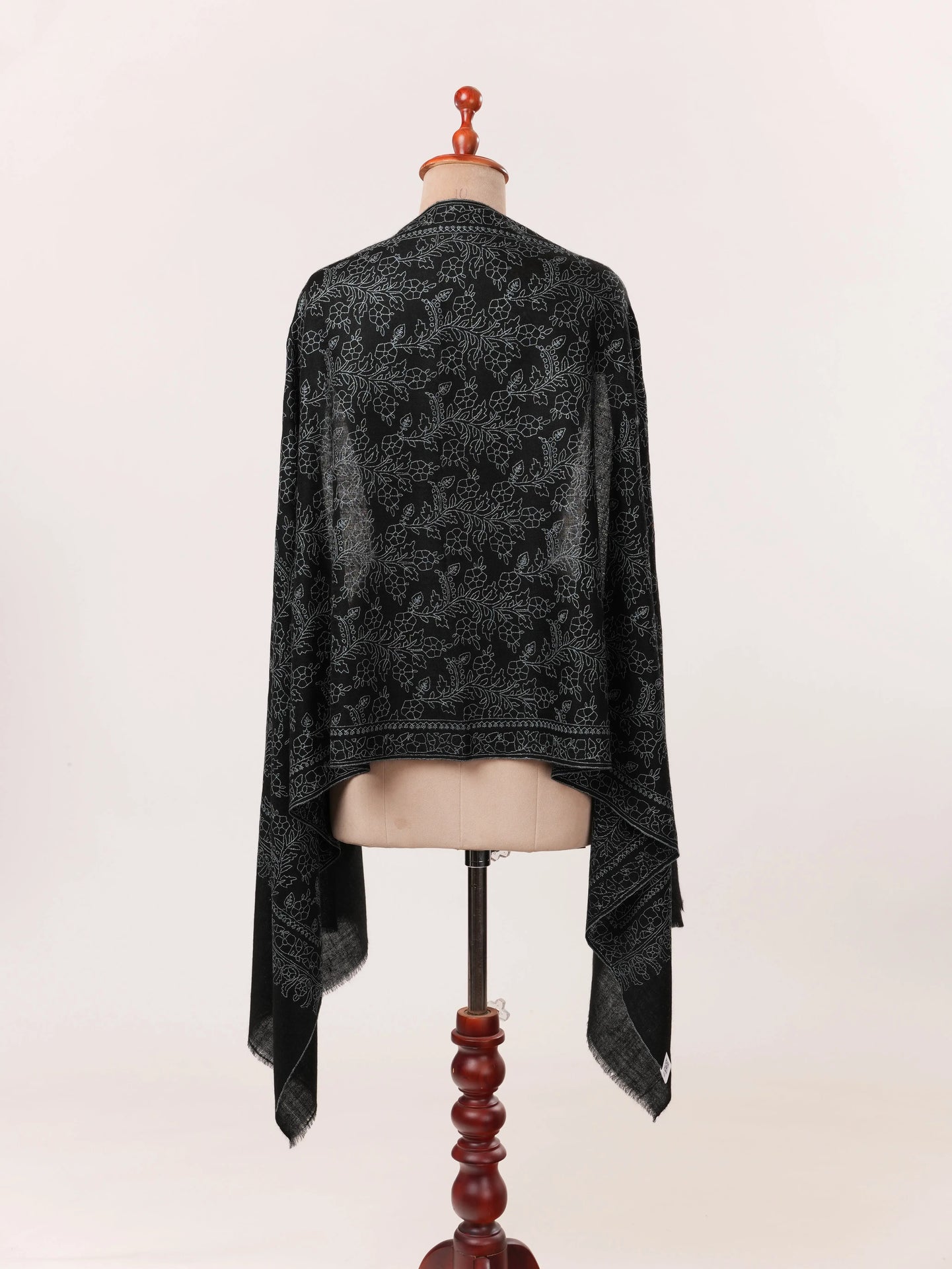 Kashmiri Black Scarf in Cashmere with Jali Sozni Embroidery Shahkaar.com