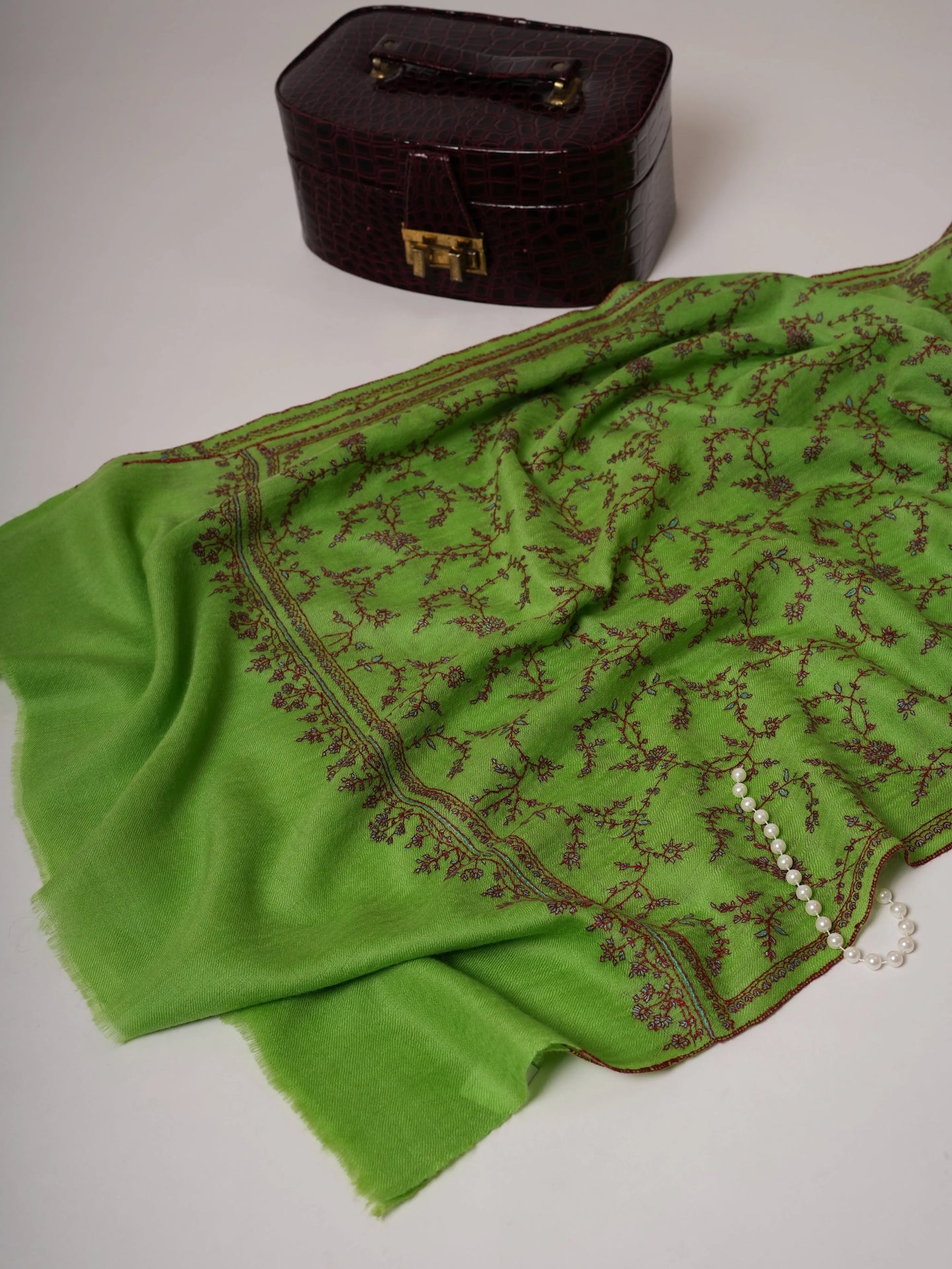 Parrot Green Cashmere Scarf with Jali Sozni Hand Embroidery Shahkaar