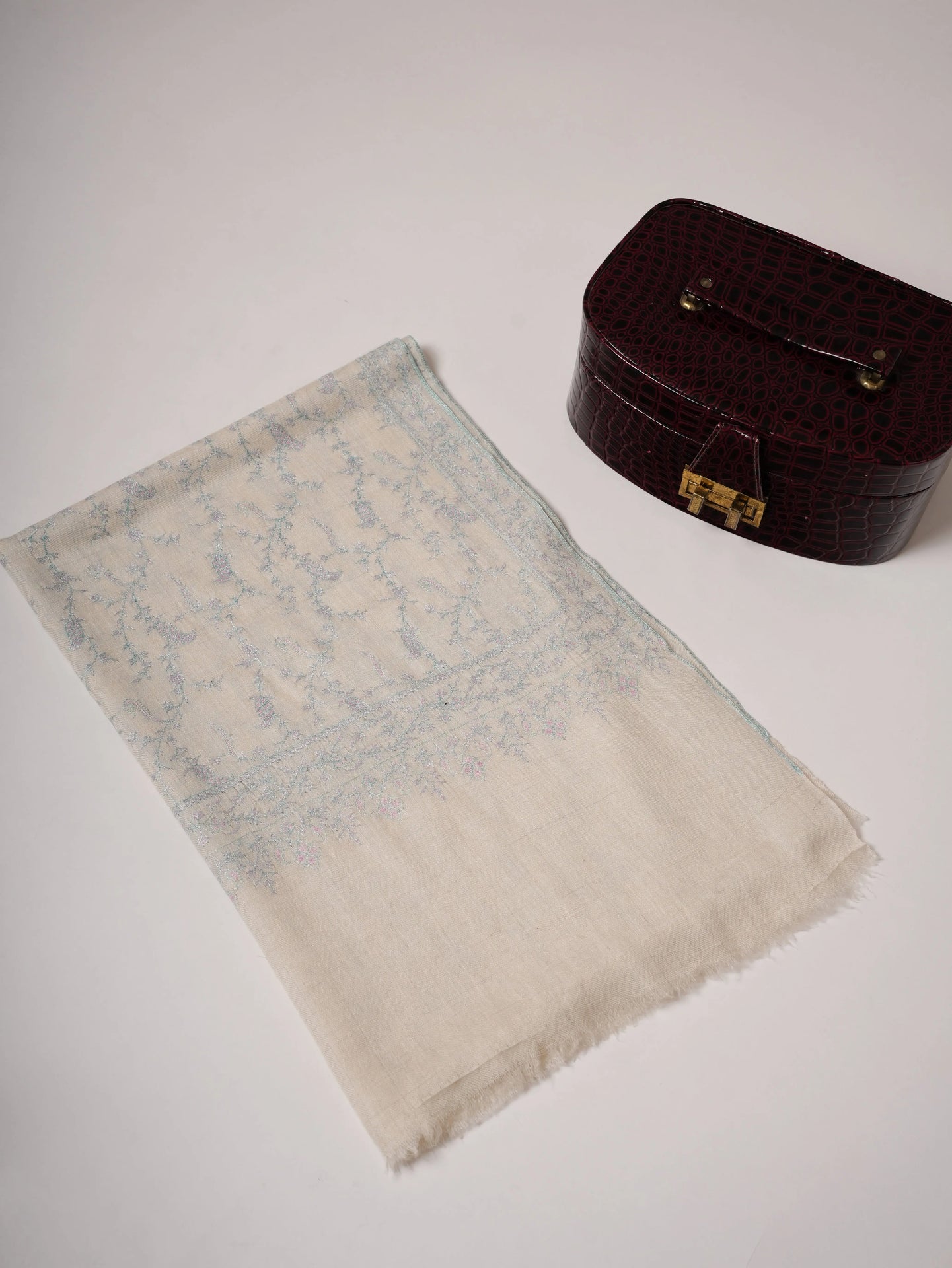 Handwoven White Baby Soft Cashmere Scarf with Pastel Hand Embroidery Shahkaar