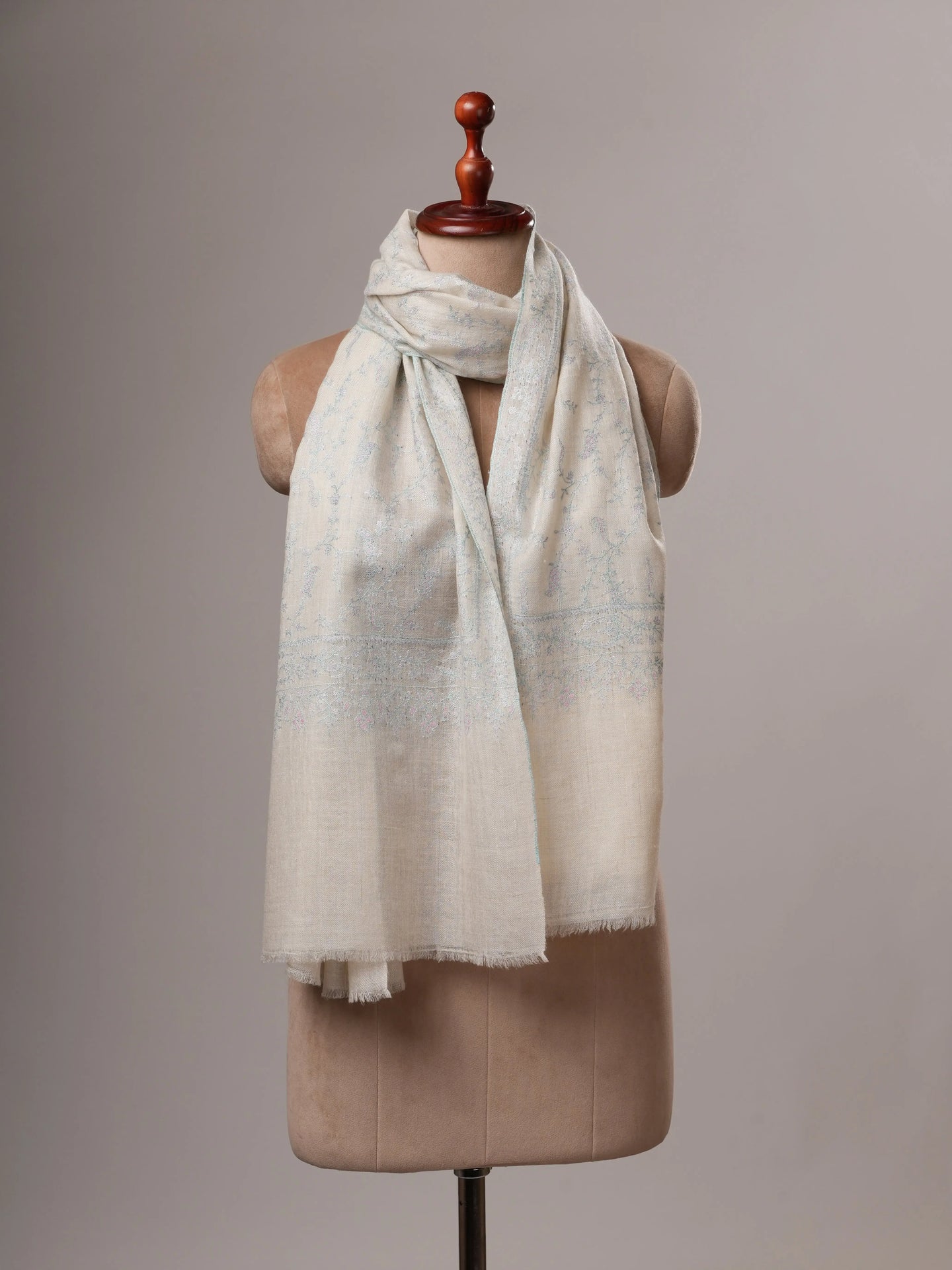 Handwoven White Baby Soft Cashmere Scarf with Pastel Hand Embroidery Shahkaar