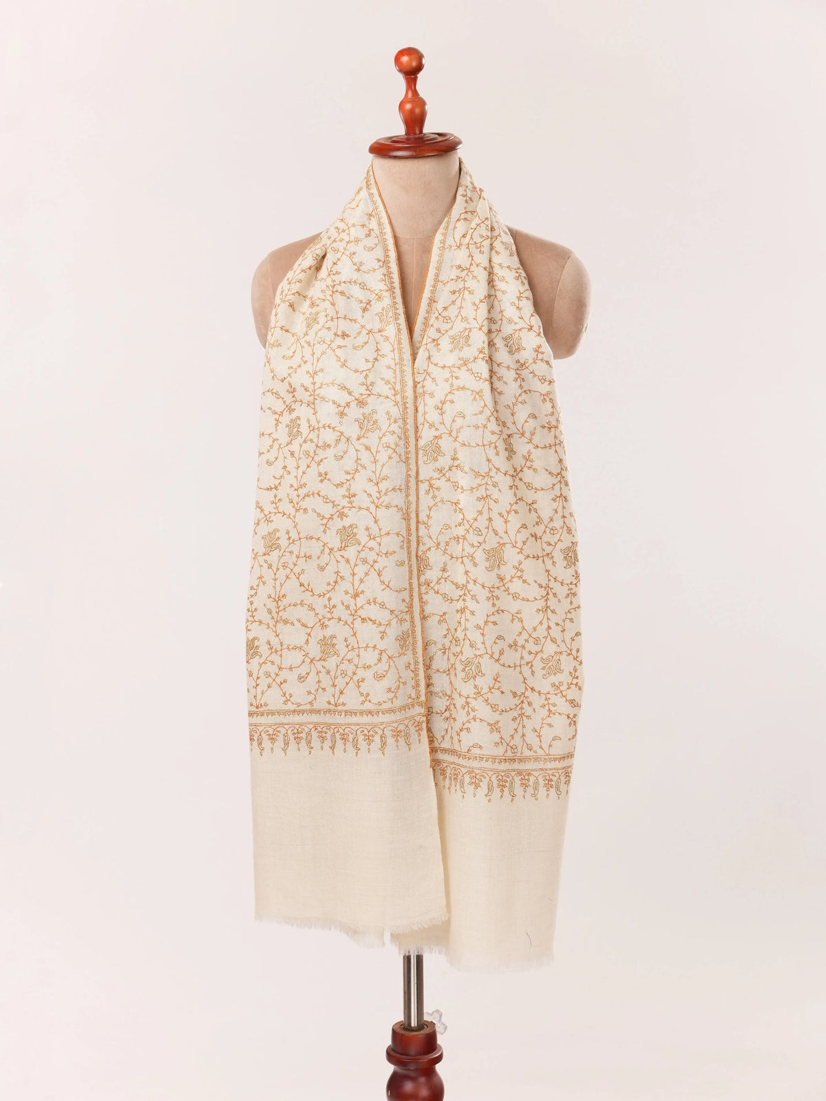 Natural White Scarf in Handwoven Baby Soft Cashmere with Jali hand Sozni Embroidery Shahkaar.com