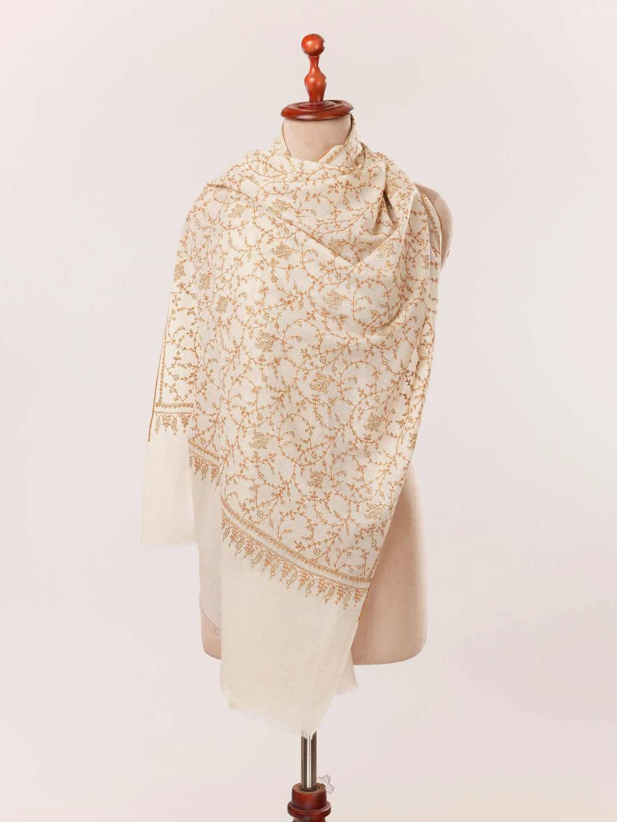 Natural White Scarf in Handwoven Baby Soft Cashmere with Jali hand Sozni Embroidery Shahkaar.com