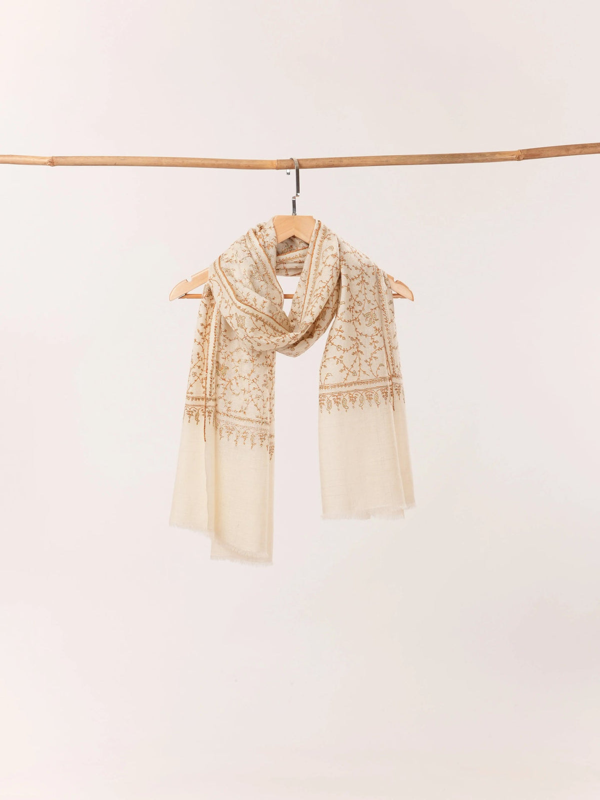 Natural White Scarf in Handwoven Baby Soft Cashmere with Jali hand Sozni Embroidery Shahkaar.com
