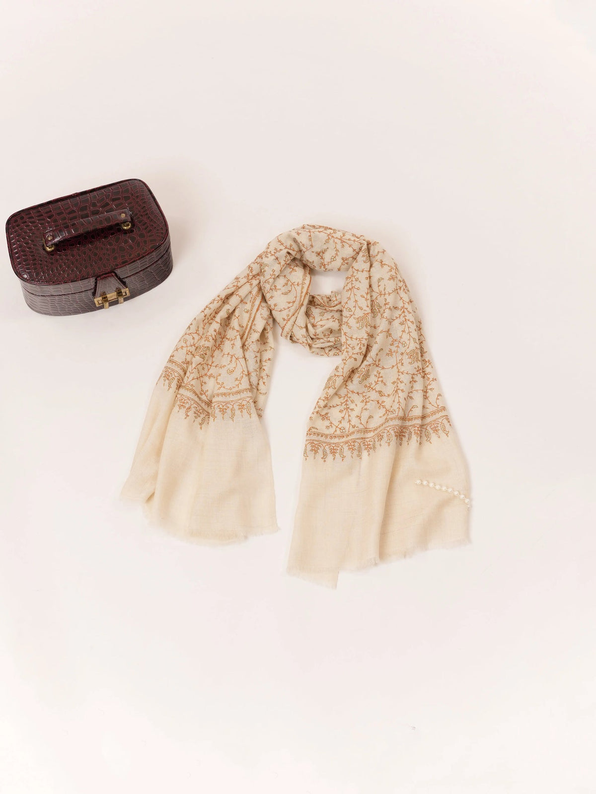 Natural White Scarf in Handwoven Baby Soft Cashmere with Jali hand Sozni Embroidery Shahkaar.com