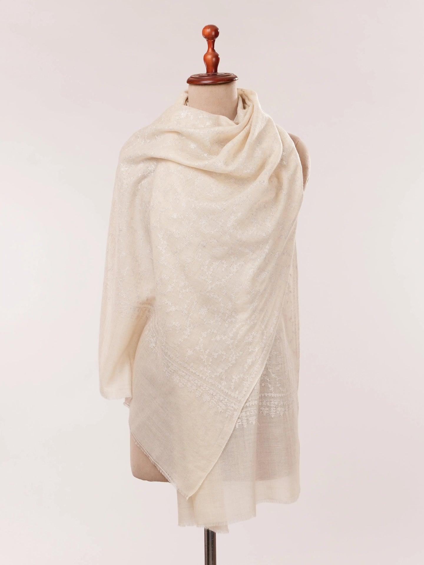 Natural Off White Handwoven Cashmere Scarf with White Hand Embroidery Shahkaar.com