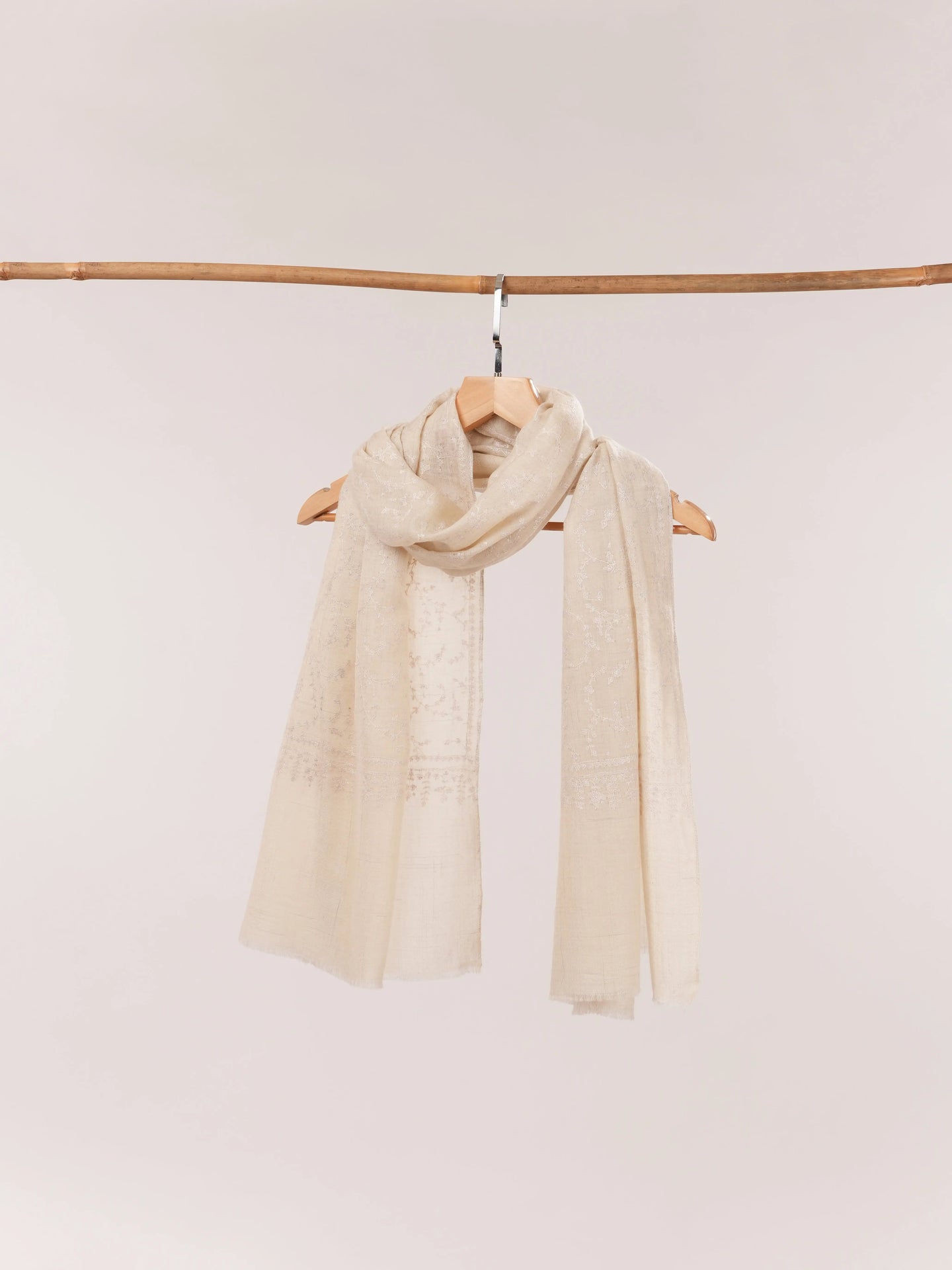 Natural Off White Handwoven Cashmere Scarf with White Hand Embroidery Shahkaar.com