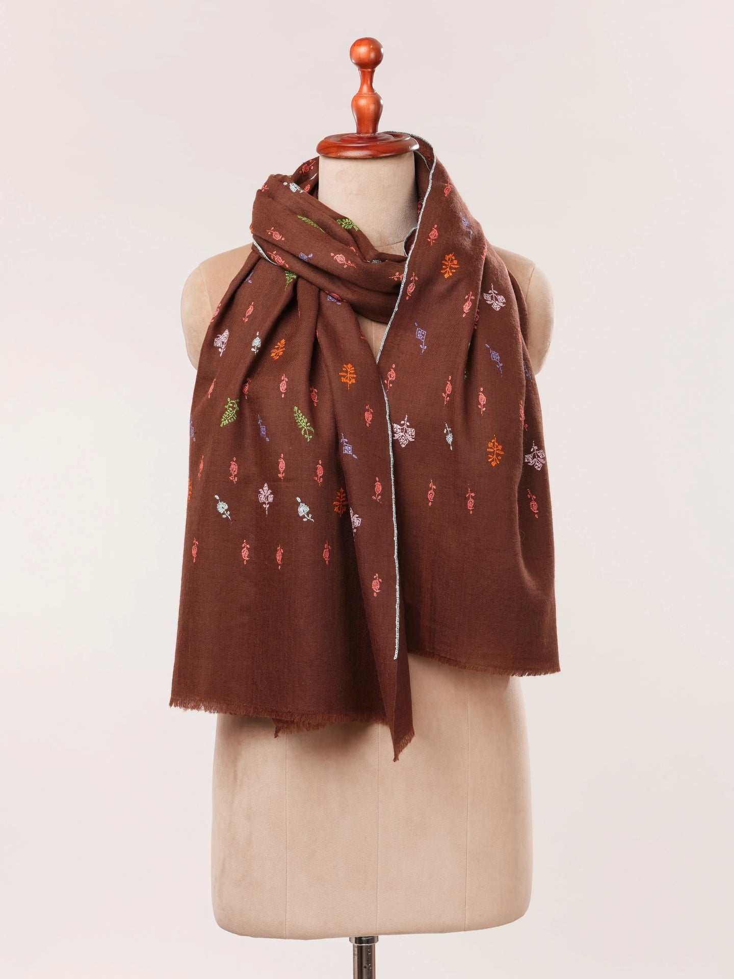 Brown Cashmere Scarf with Buteh Hand Embroidery Shahkaar.com