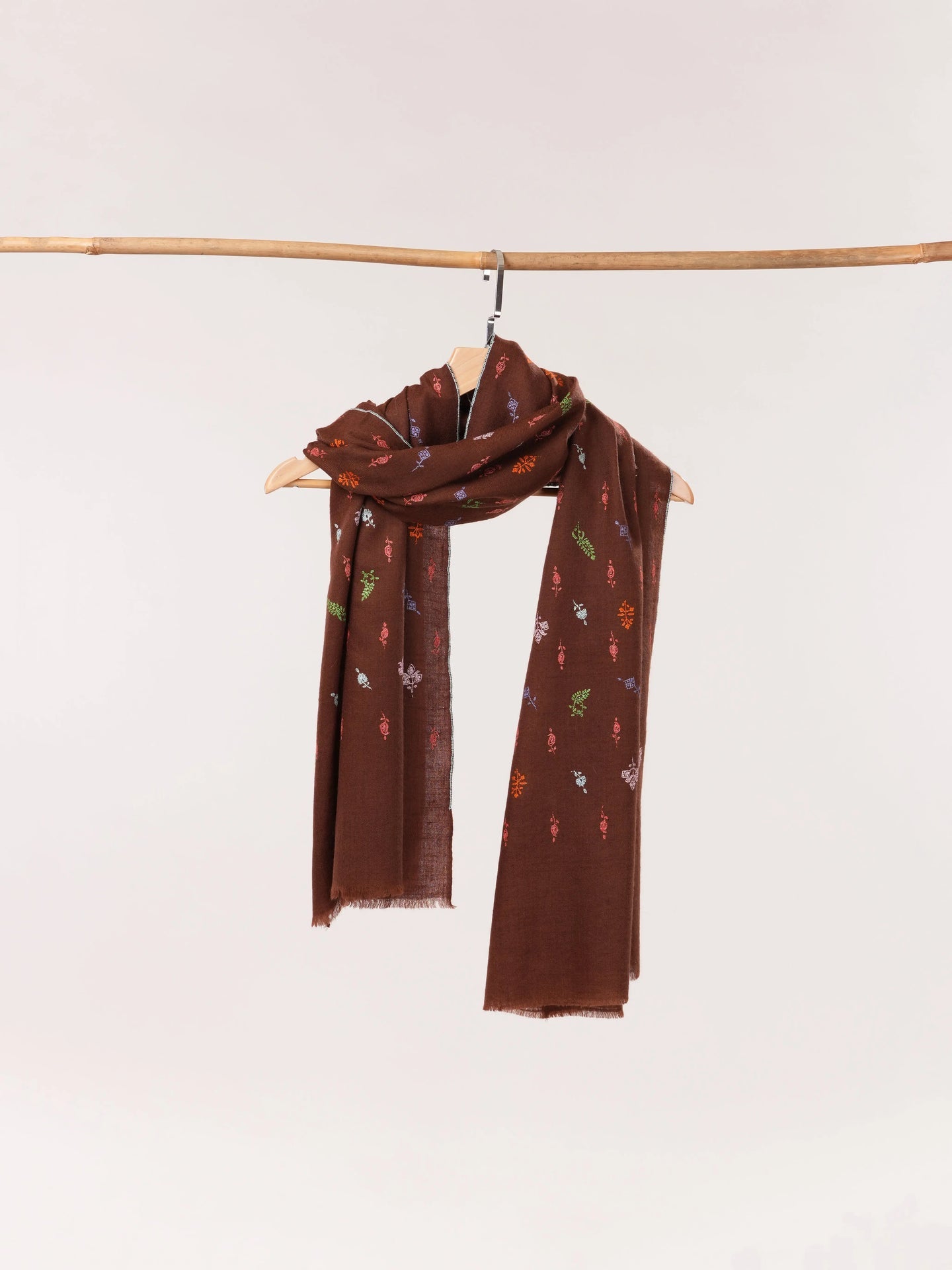 Brown Cashmere Scarf with Buteh Hand Embroidery Shahkaar.com