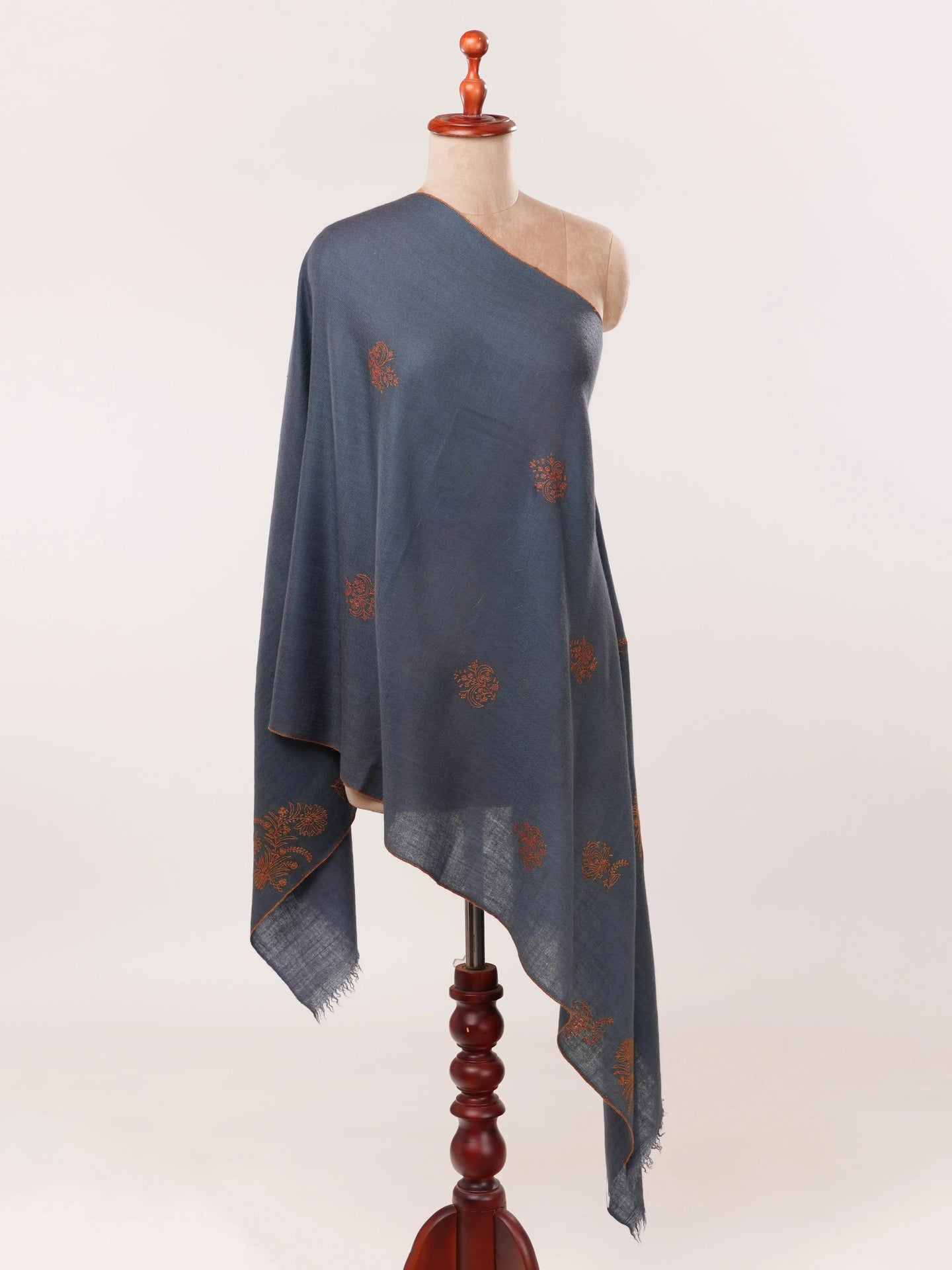 Dark Grey Handwoven Cashmere Scarf with Needlework Embroidery Shahkaar.com