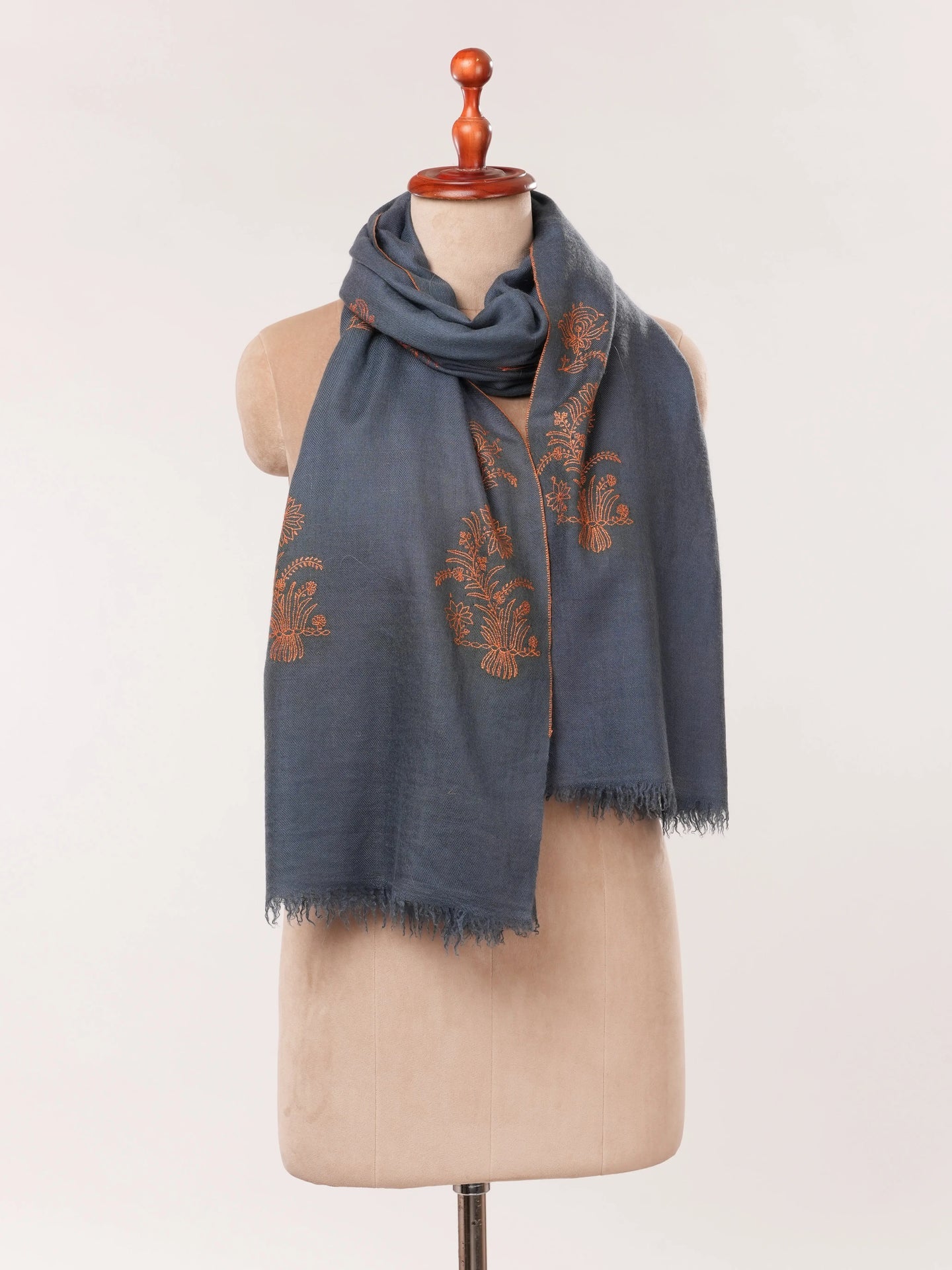 Dark Grey Handwoven Cashmere Scarf with Needlework Embroidery Shahkaar.com