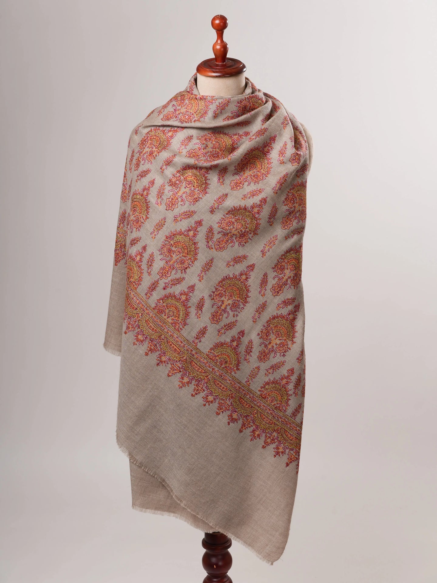 Natural Grey Kashmiri Pashmina Shawl with Classic Khakikaar Embroidery Shahkaar