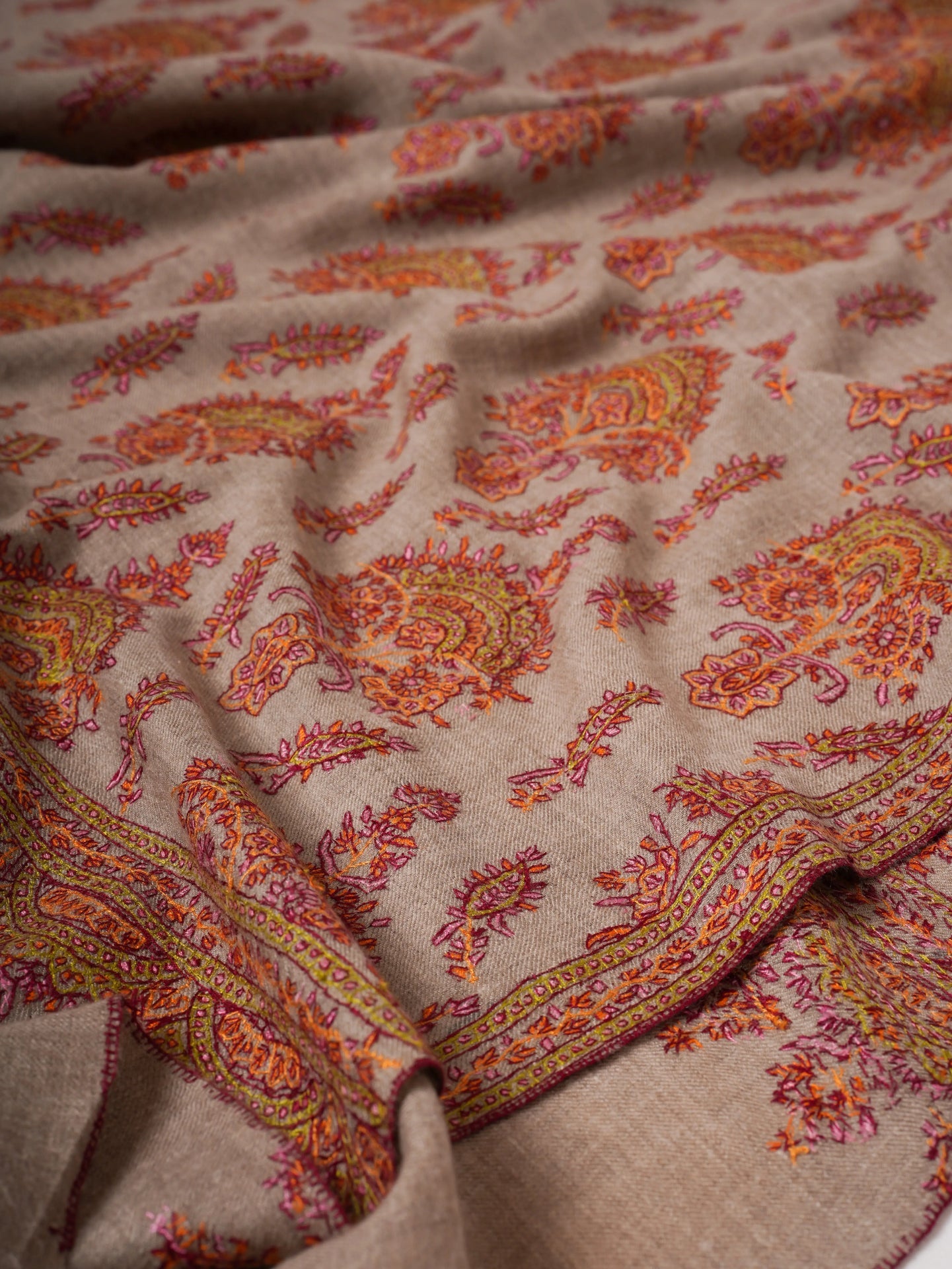 Natural Grey Kashmiri Pashmina Shawl with Classic Khakikaar Embroidery Shahkaar