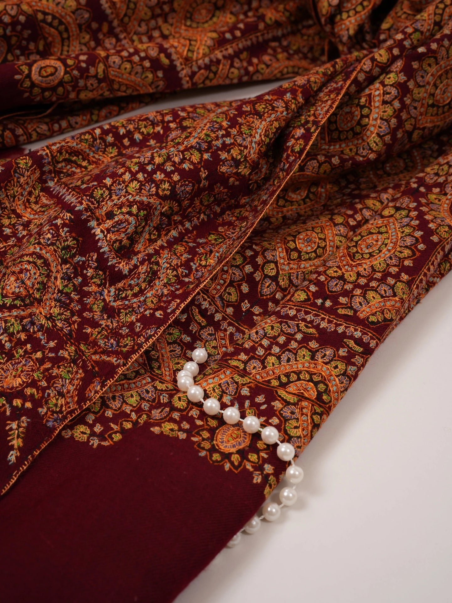 Burgundy Pure Pashmina Jamavar Shawl with Hand Sozni Embroidery Shahkaar.com