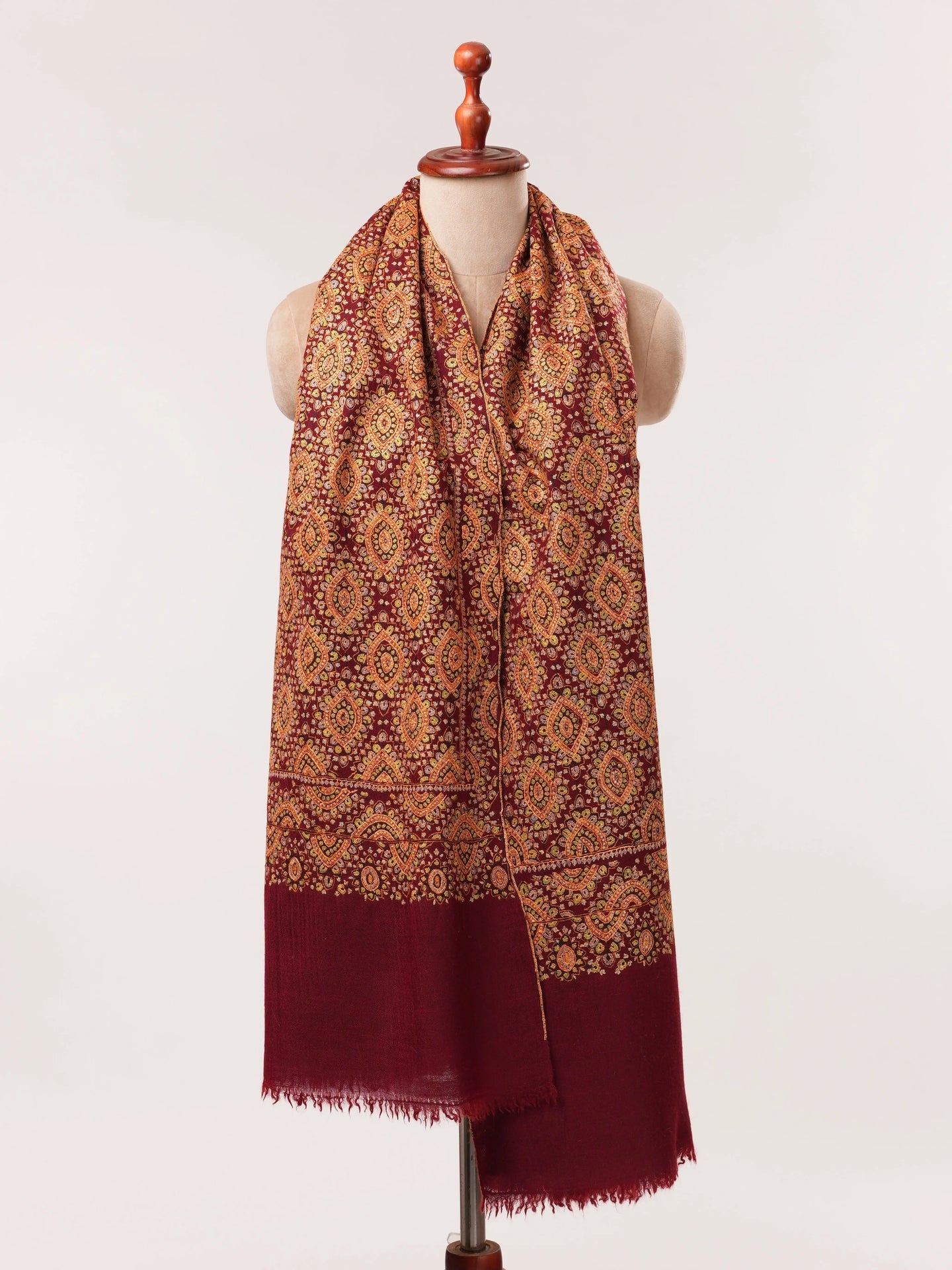 Burgundy Pure Pashmina Jamavar Shawl with Hand Sozni Embroidery Shahkaar.com