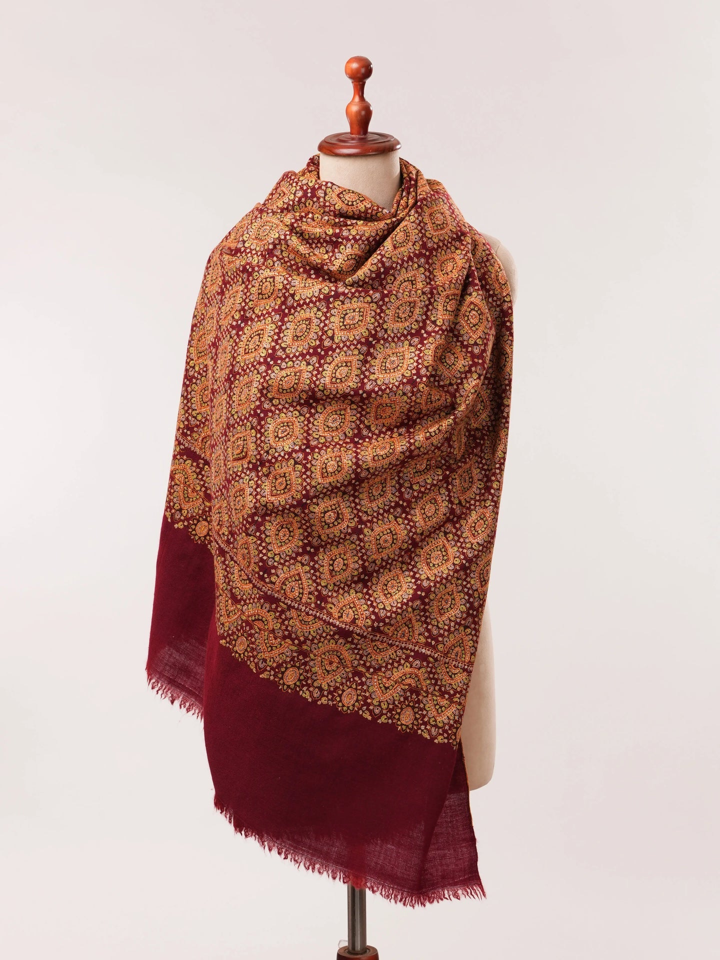 Burgundy Pure Pashmina Jamavar Shawl with Hand Sozni Embroidery Shahkaar.com