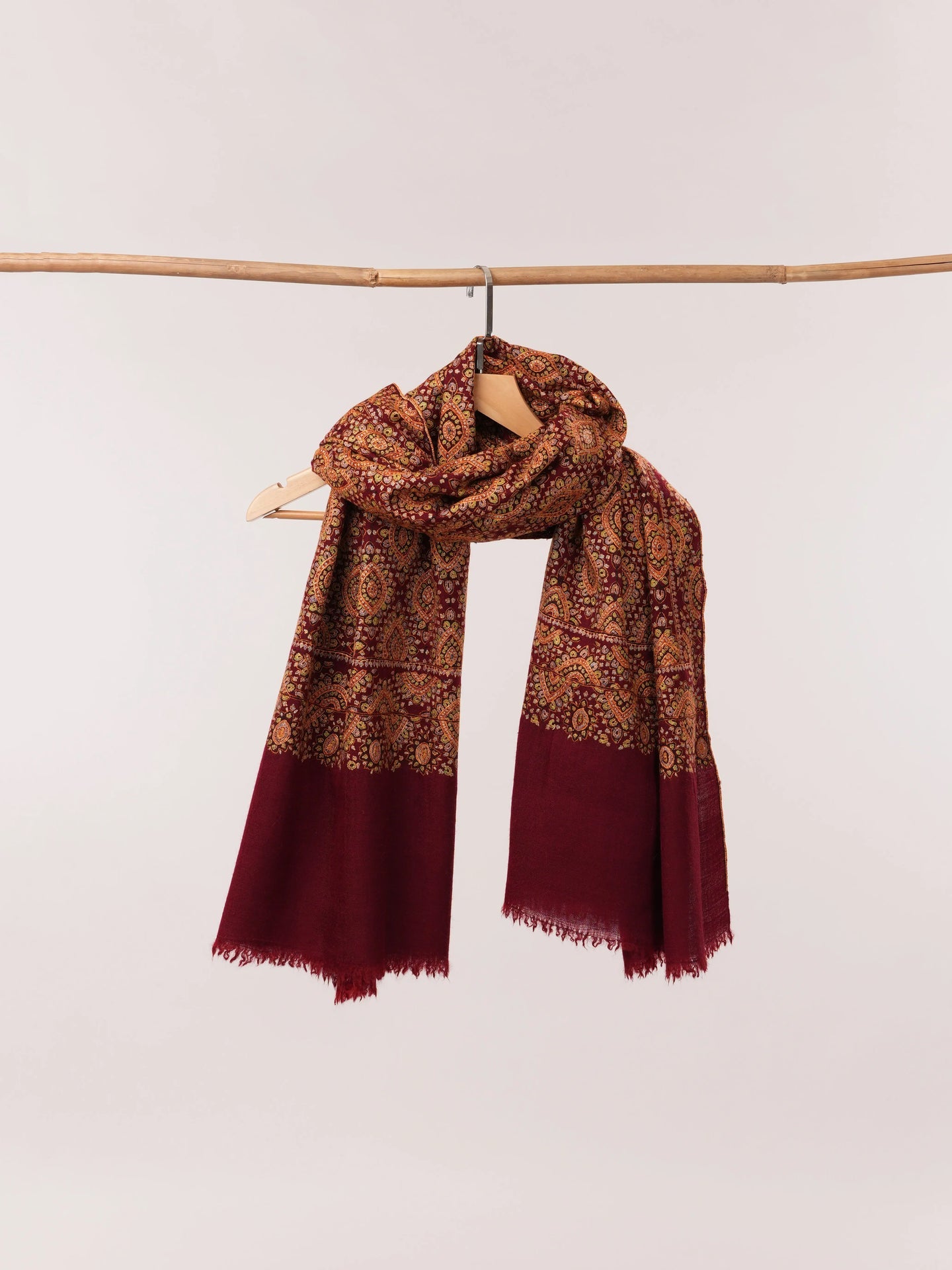 Burgundy Pure Pashmina Jamavar Shawl with Hand Sozni Embroidery Shahkaar.com