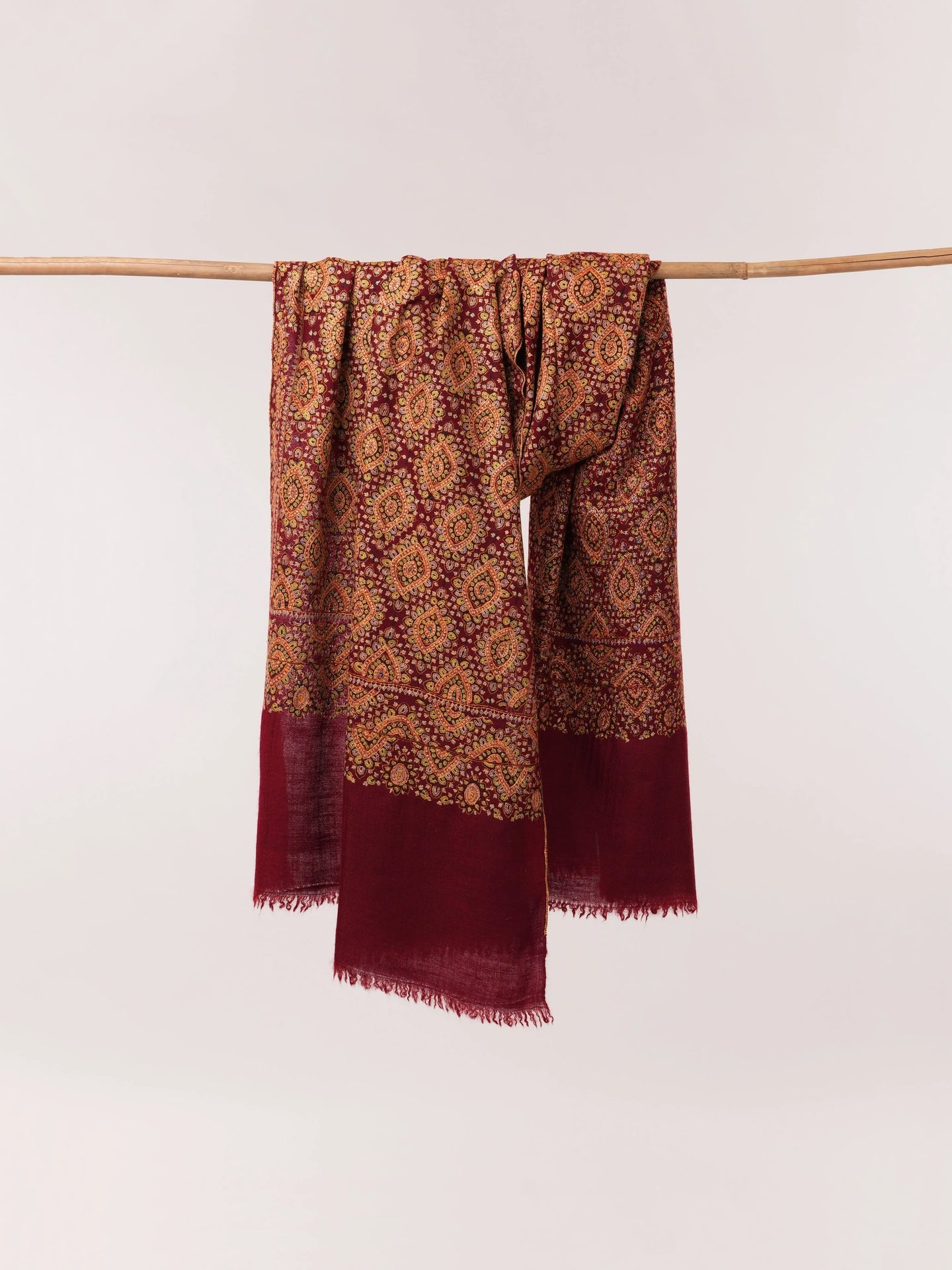Burgundy Pure Pashmina Jamavar Shawl with Hand Sozni Embroidery Shahkaar.com