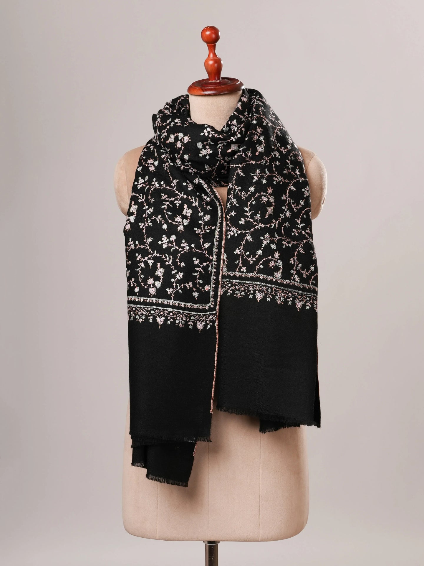 Black Handwoven Kashmiri Pashmina Shawl with Sozni Hand Embroidery Shahkaar Global
