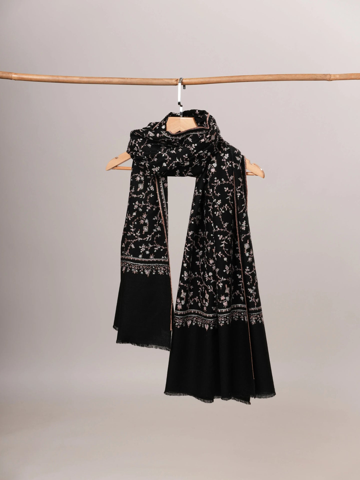 Black Handwoven Kashmiri Pashmina Shawl with Sozni Hand Embroidery Shahkaar Global