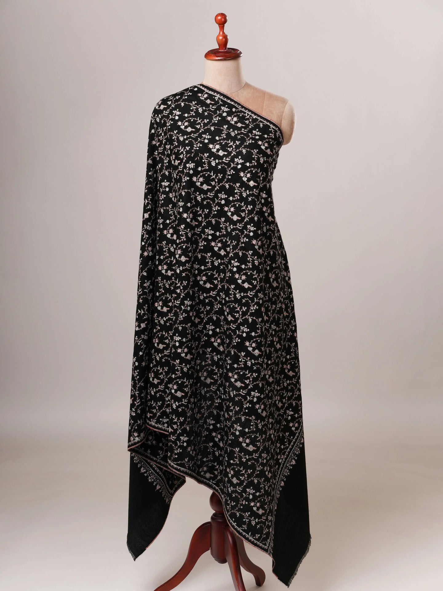 Black Handwoven Kashmiri Pashmina Shawl with Sozni Hand Embroidery Shahkaar Global