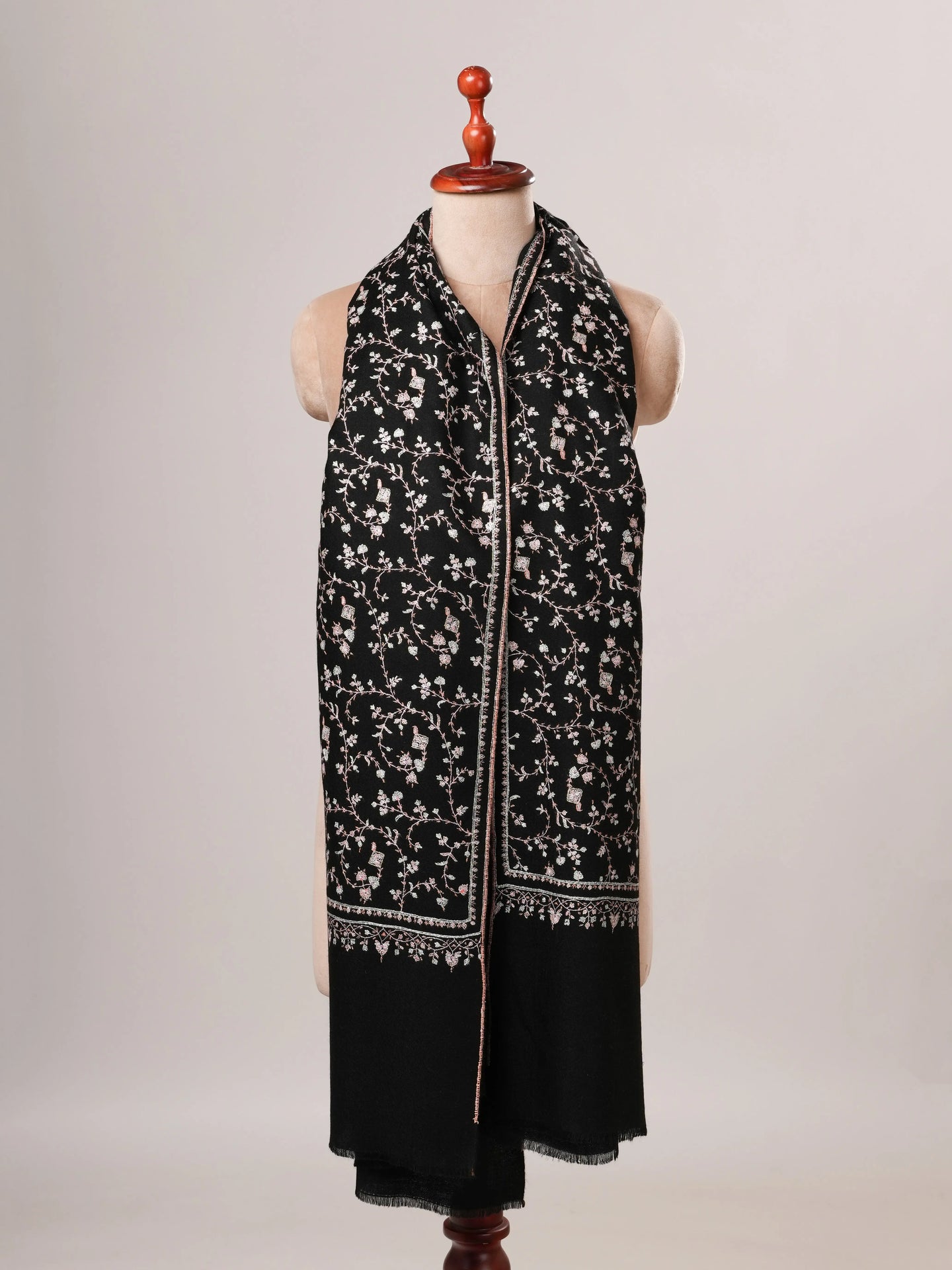 Black Handwoven Kashmiri Pashmina Shawl with Sozni Hand Embroidery Shahkaar Global