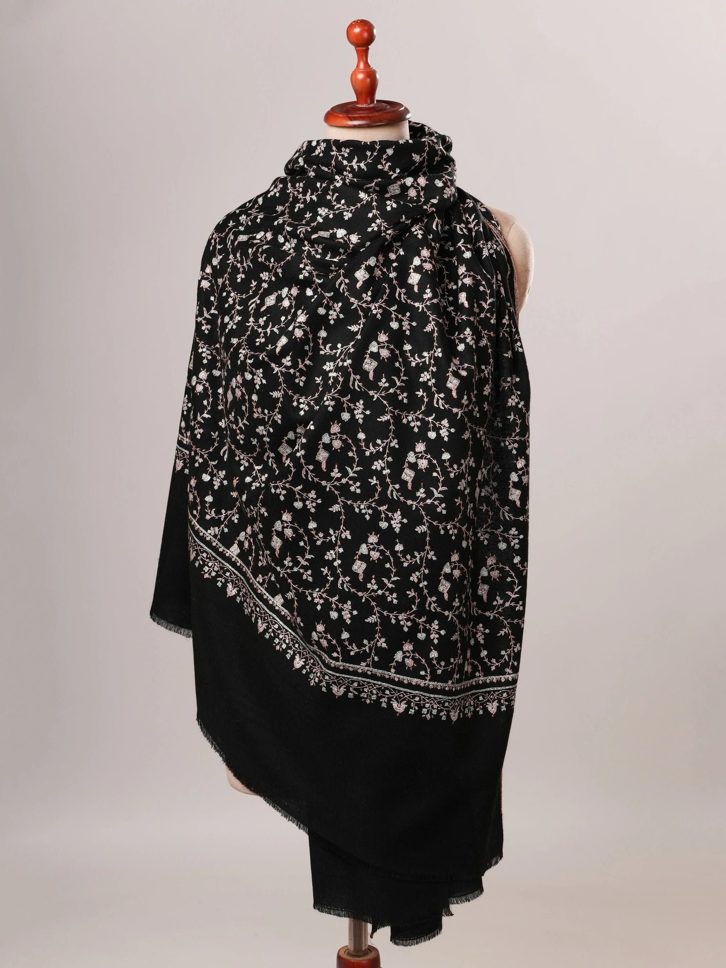 Black Handwoven Kashmiri Pashmina Shawl with Sozni Hand Embroidery Shahkaar Global