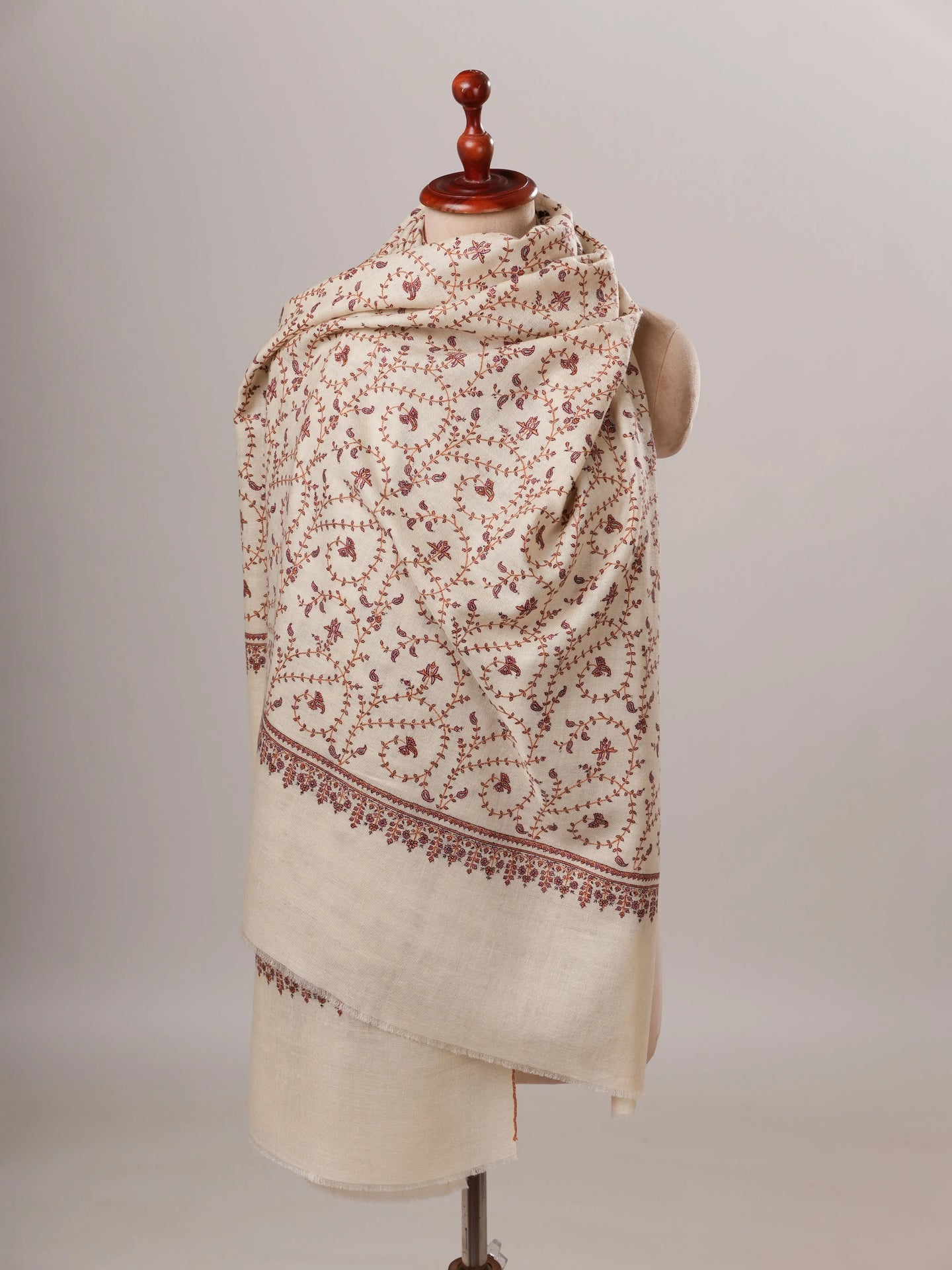 Ivory Pashmina Shawl with Detailed Hand Sozni Embroidery Shahkaar Global