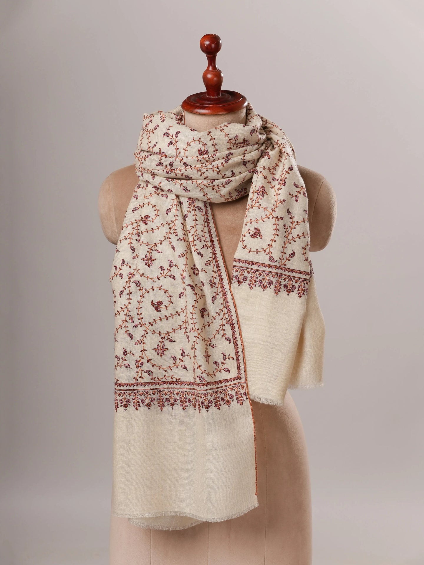 Ivory Pashmina Shawl with Detailed Hand Sozni Embroidery Shahkaar Global
