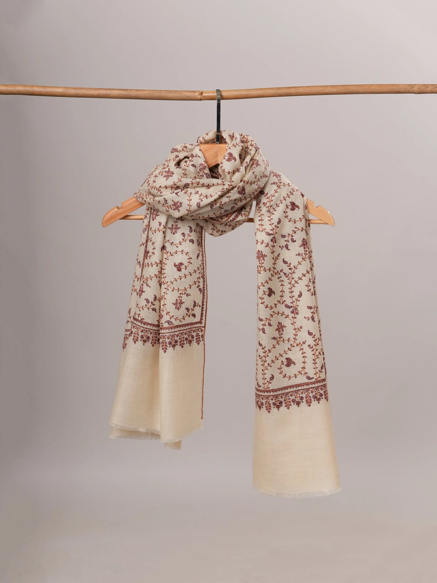 Ivory Pashmina Shawl with Detailed Hand Sozni Embroidery Shahkaar Global