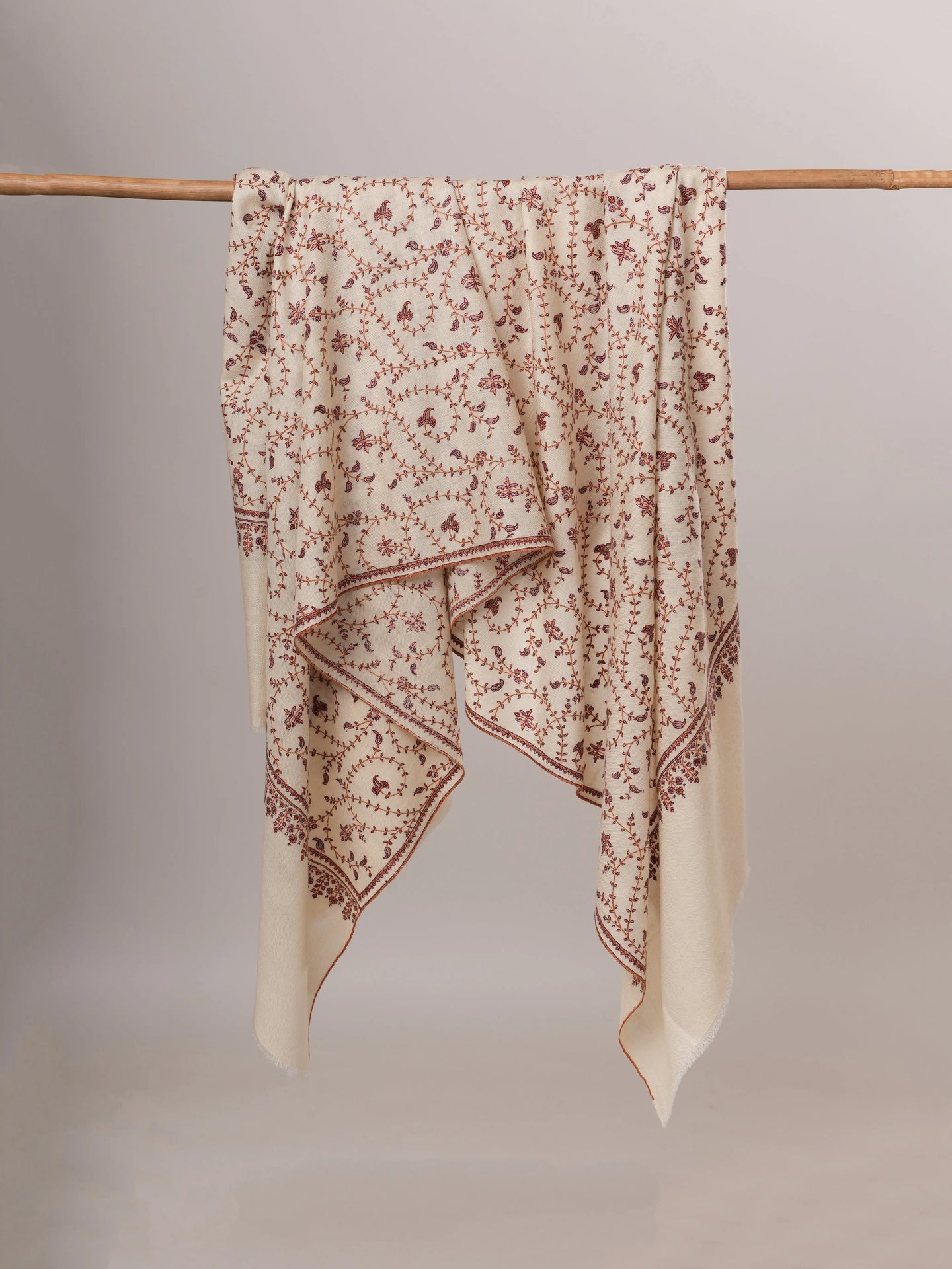 Ivory Pashmina Shawl with Detailed Hand Sozni Embroidery Shahkaar Global