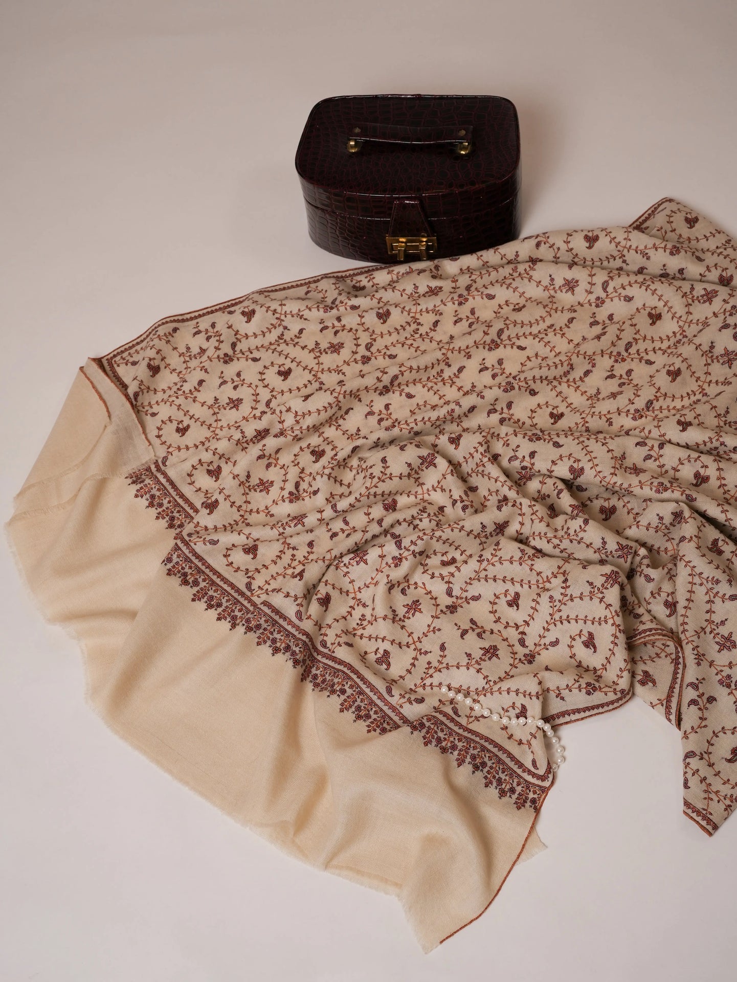 Ivory Pashmina Shawl with Detailed Hand Sozni Embroidery Shahkaar Global
