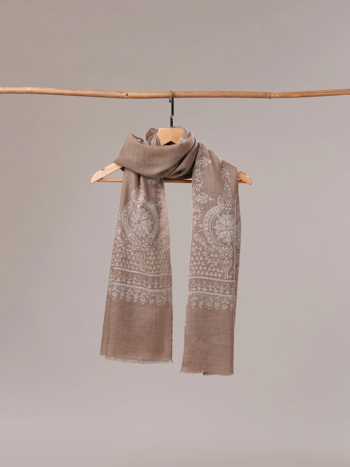 Natural Grey Cashmere Scarf with White Hand Embroidery Shahkaar.com