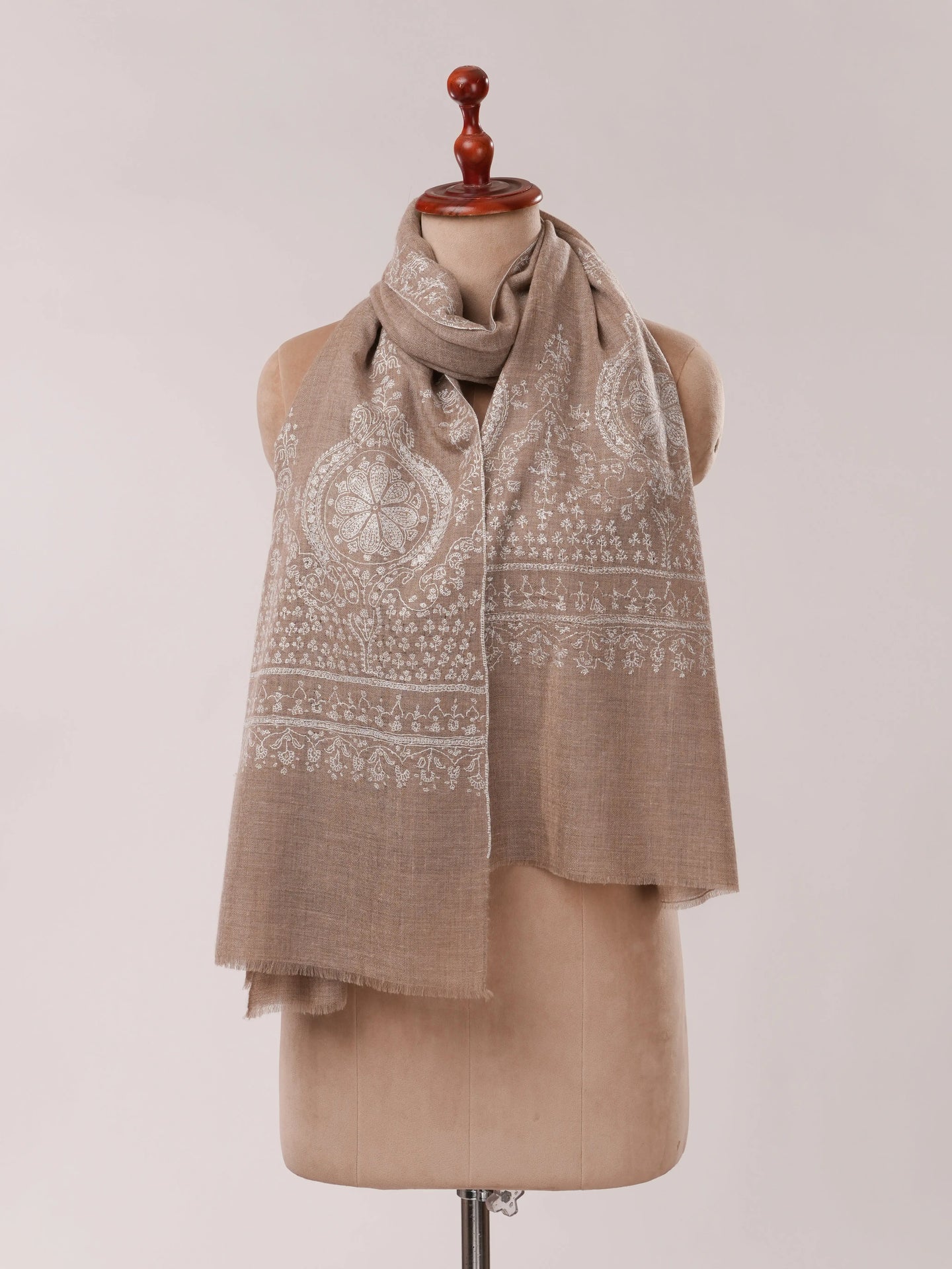 Natural Grey Cashmere Scarf with White Hand Embroidery Shahkaar.com
