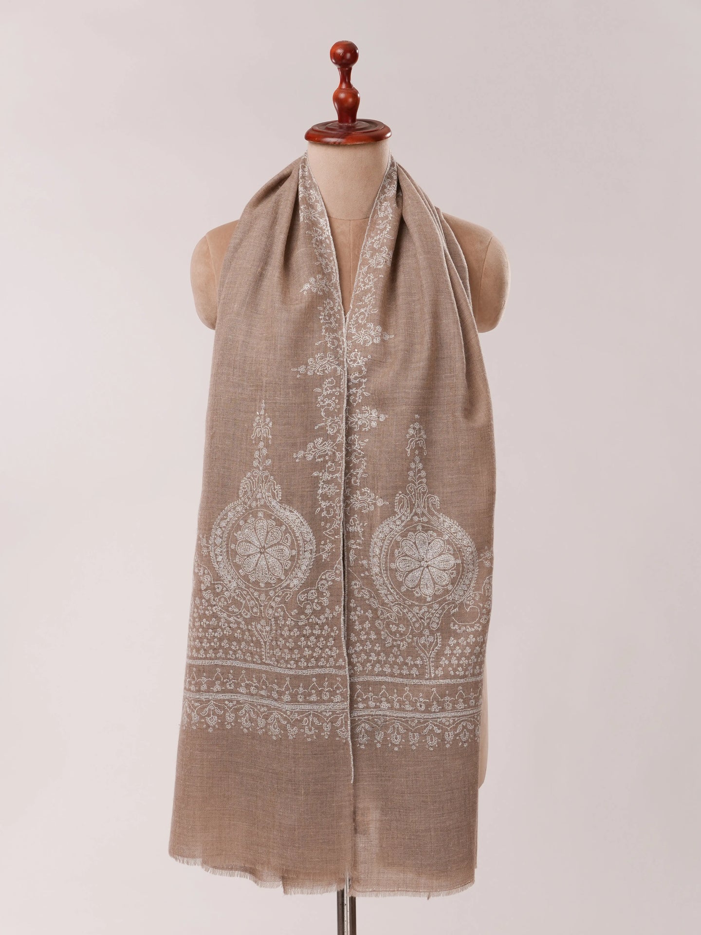 Natural Grey Cashmere Scarf with White Hand Embroidery Shahkaar.com