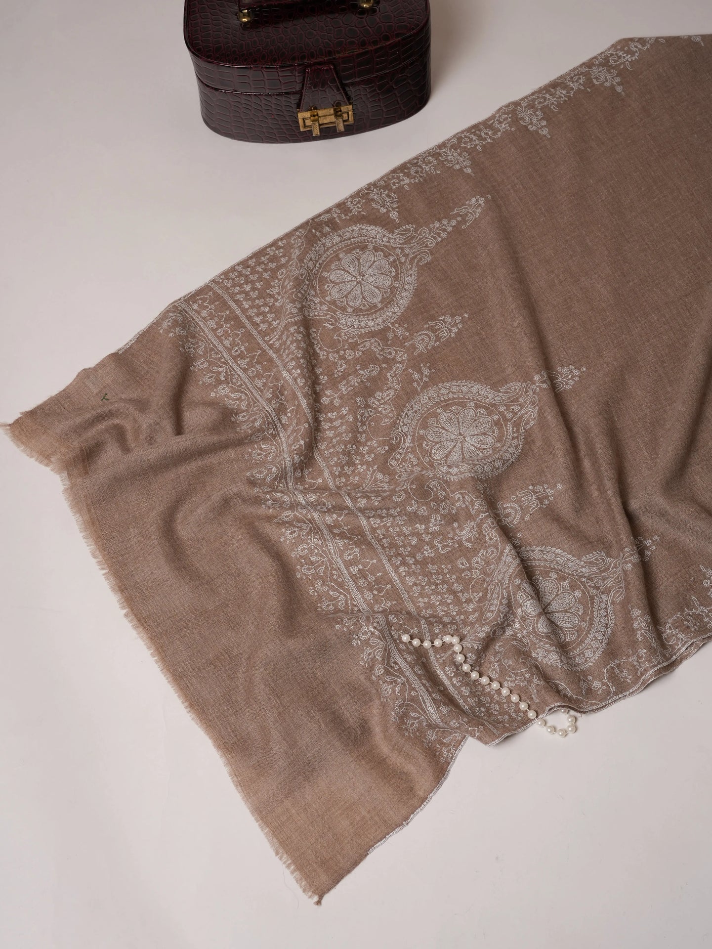 Natural Grey Cashmere Scarf with White Hand Embroidery Shahkaar.com