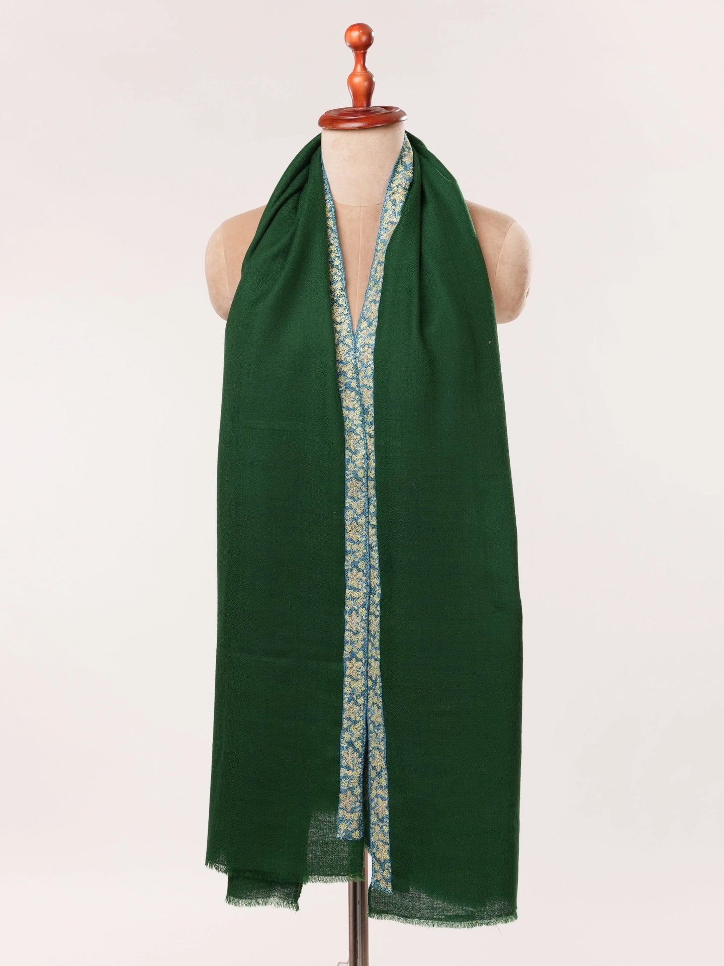 Deep Forest Green Handwoven Cashmere Scarf with Border Embroidery Shahkaar.com