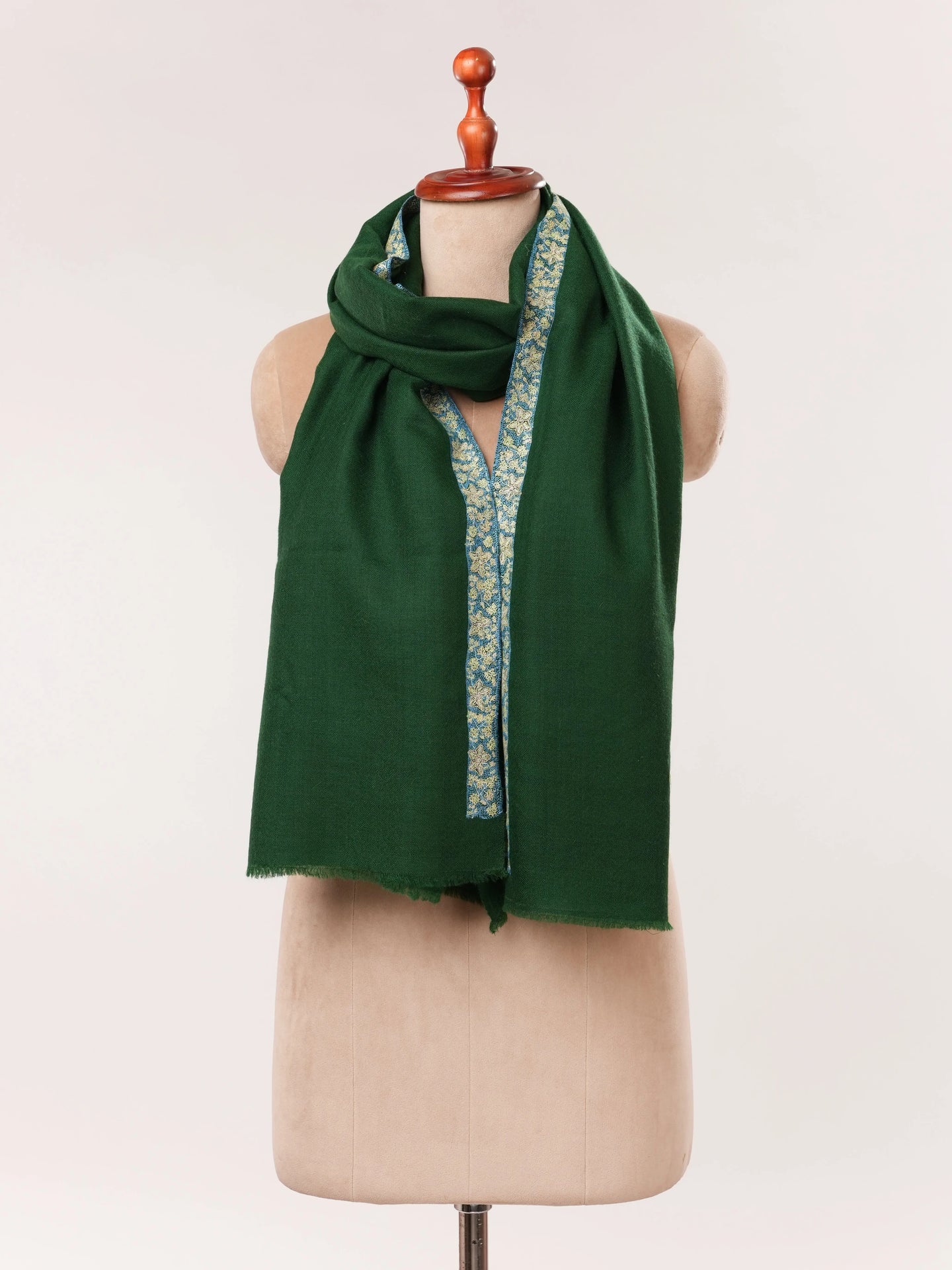 Deep Forest Green Handwoven Cashmere Scarf with Border Embroidery Shahkaar.com
