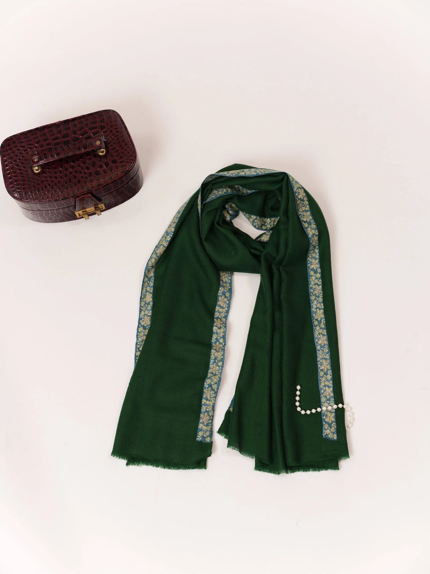 Deep Forest Green Handwoven Cashmere Scarf with Border Embroidery Shahkaar.com