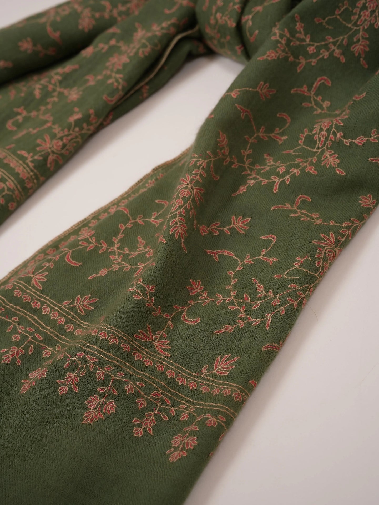 Muted Sage Green Handwoven Cashmere Scarf with Jali Embroidery Shahkaar.com