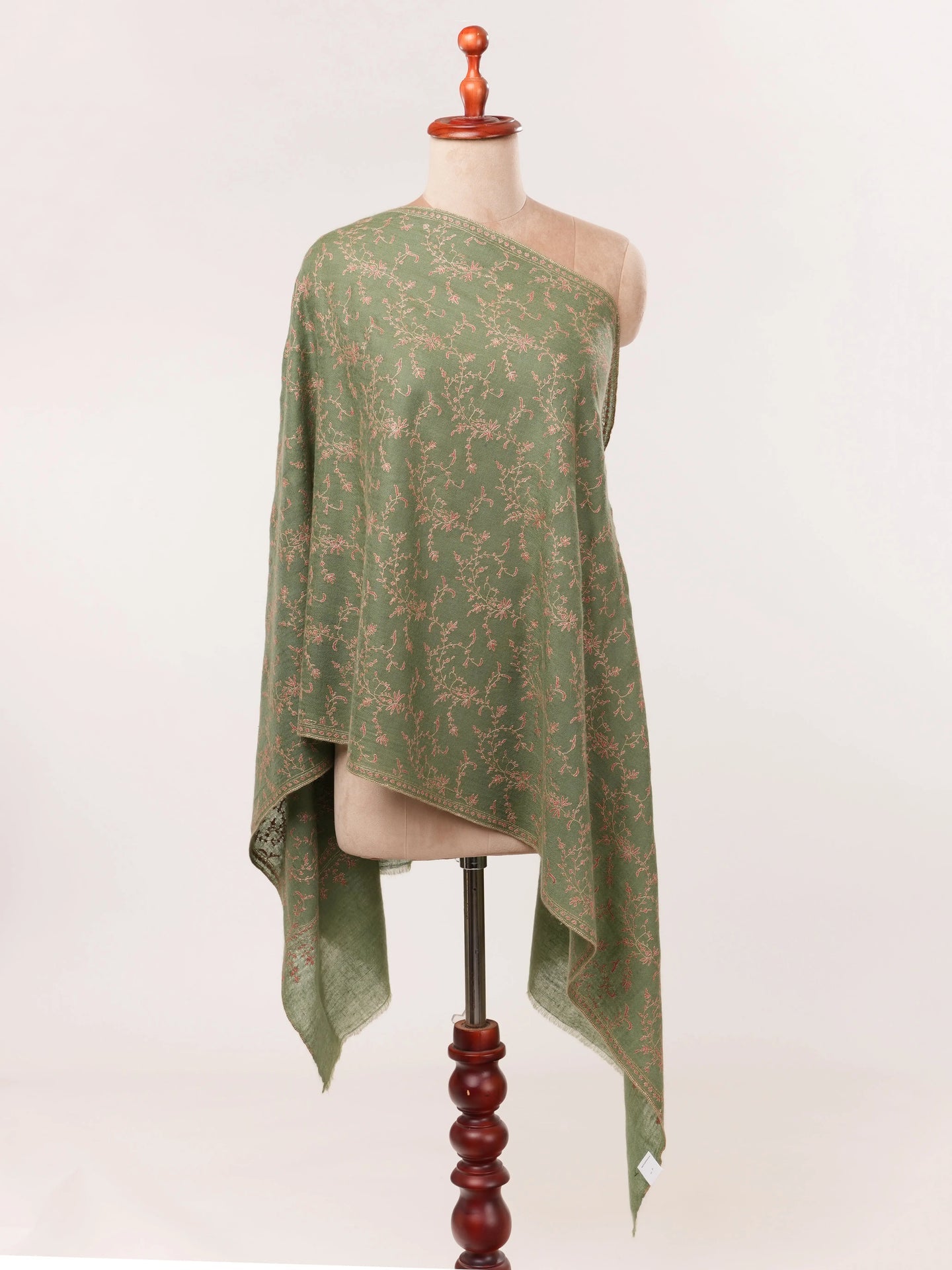 Muted Sage Green Handwoven Cashmere Scarf with Jali Embroidery Shahkaar.com