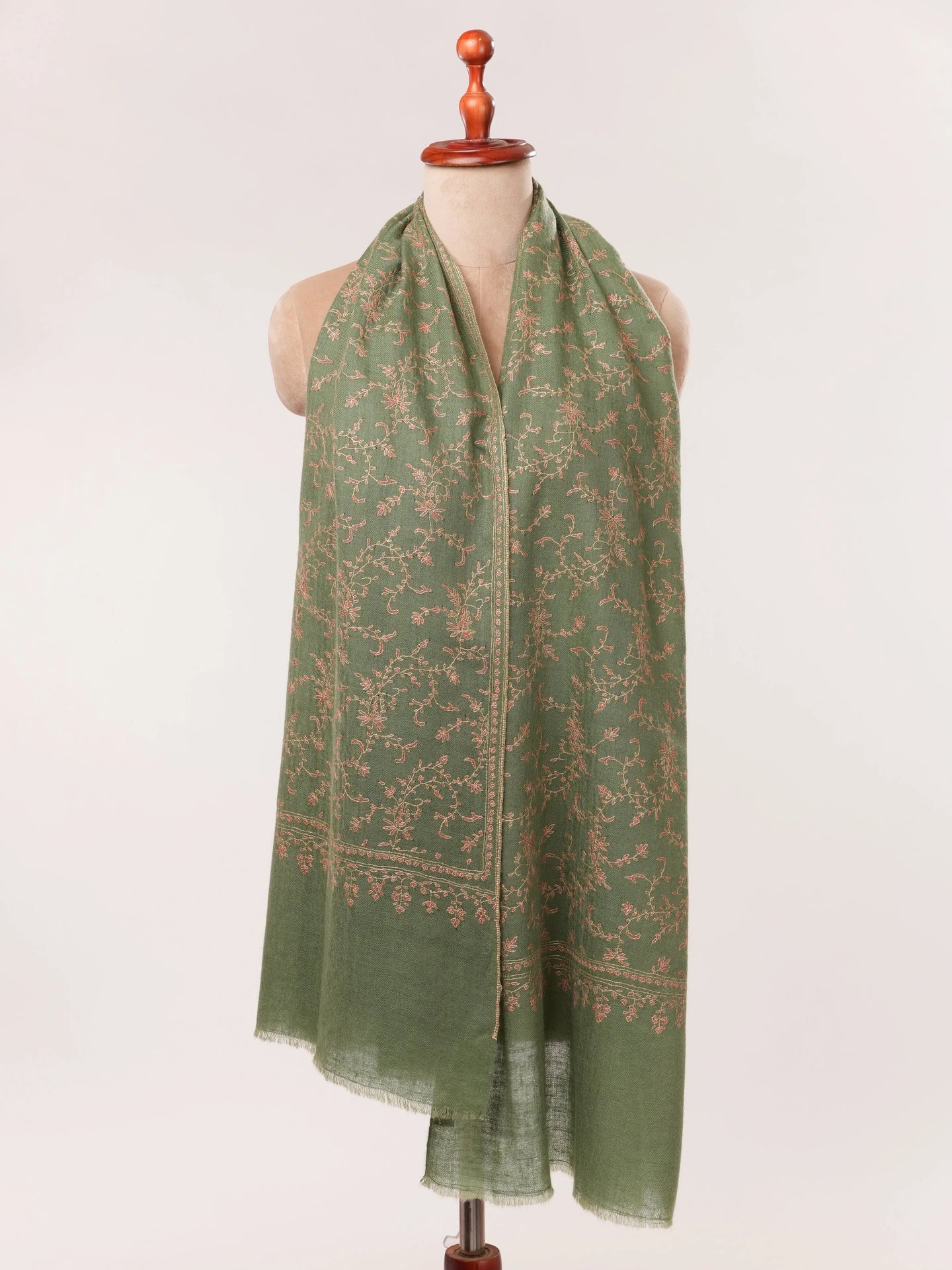 Muted Sage Green Handwoven Cashmere Scarf with Jali Embroidery Shahkaar.com