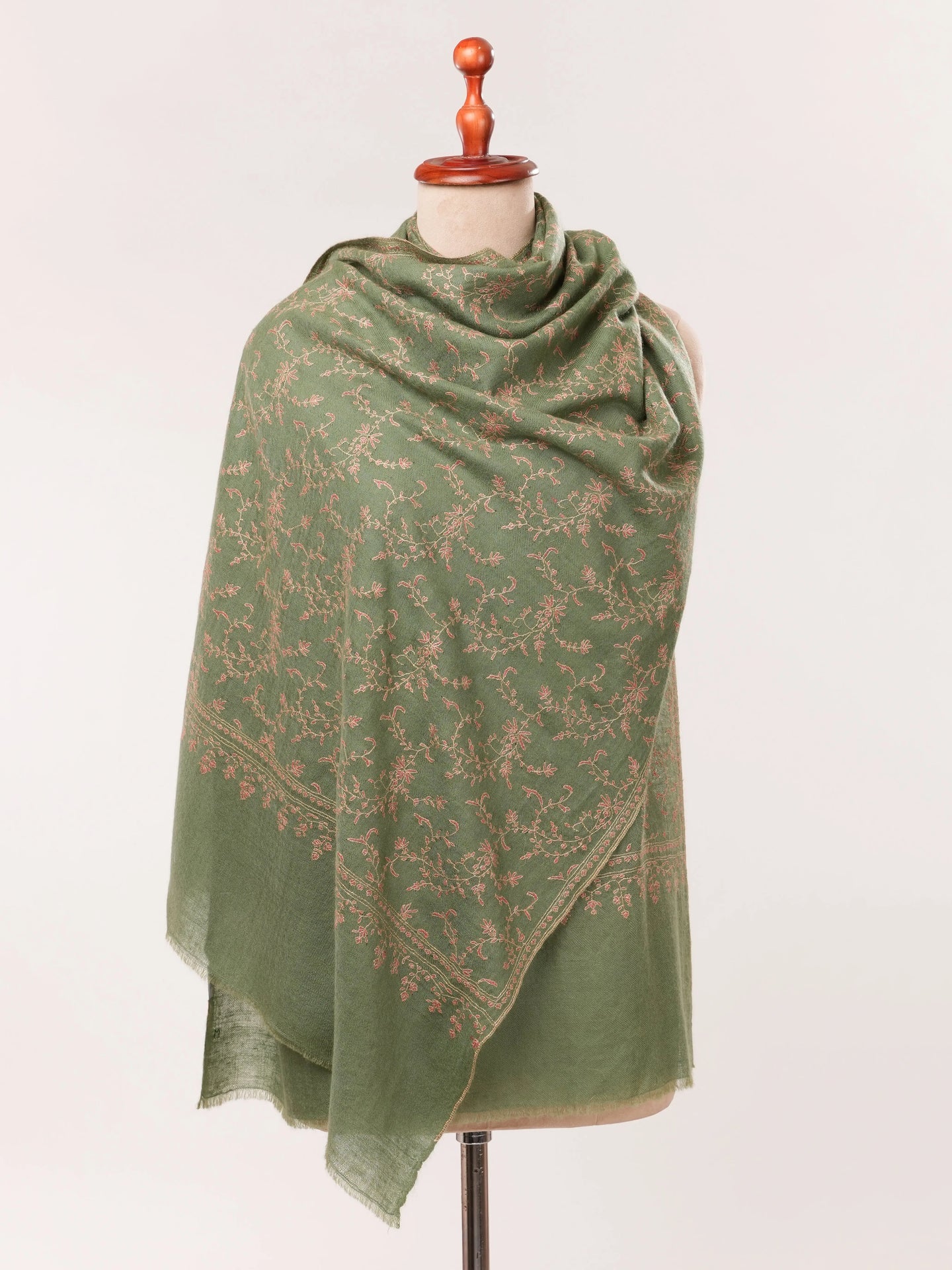 Muted Sage Green Handwoven Cashmere Scarf with Jali Embroidery Shahkaar.com