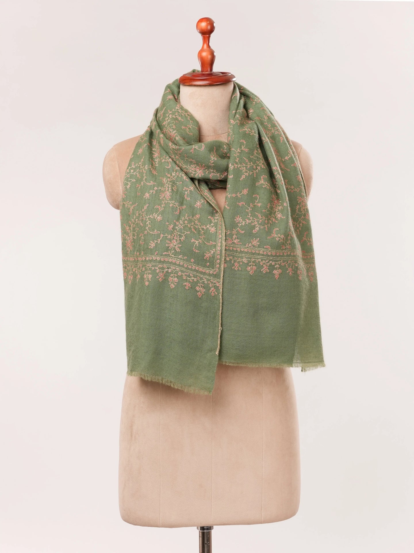 Muted Sage Green Handwoven Cashmere Scarf with Jali Embroidery Shahkaar.com