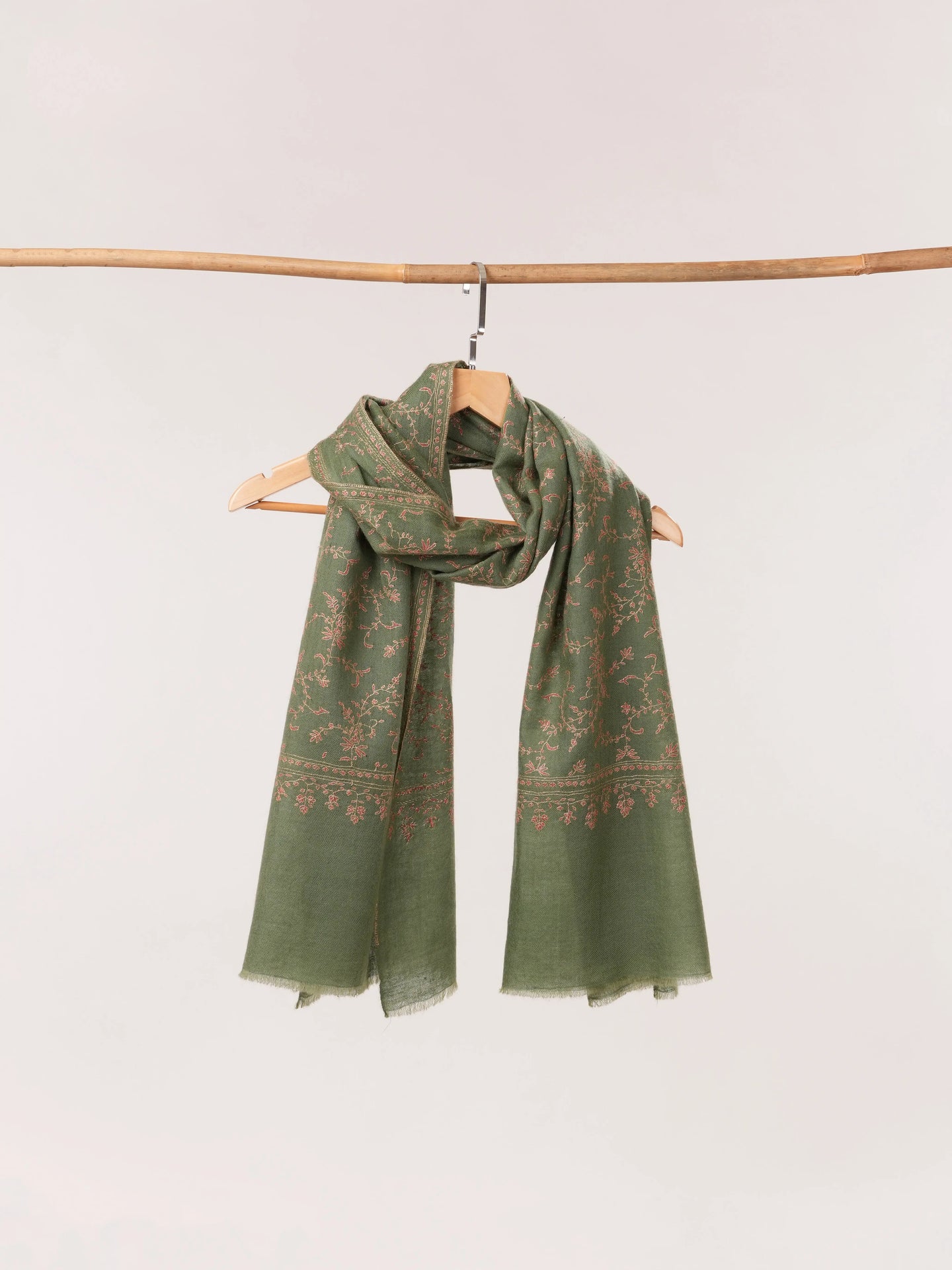 Muted Sage Green Handwoven Cashmere Scarf with Jali Embroidery Shahkaar.com