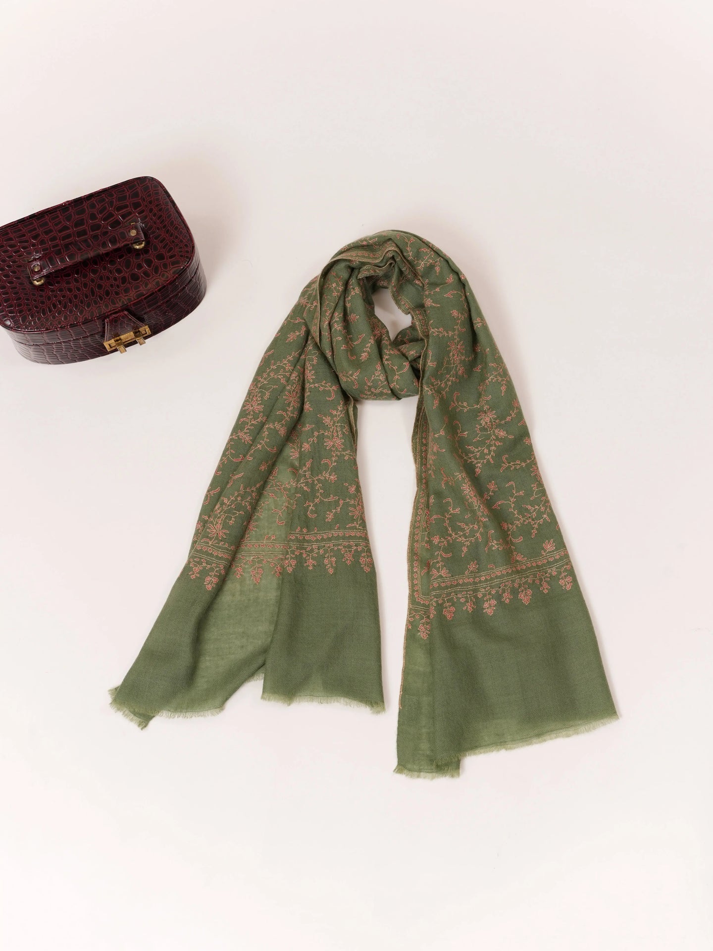 Muted Sage Green Handwoven Cashmere Scarf with Jali Embroidery Shahkaar.com